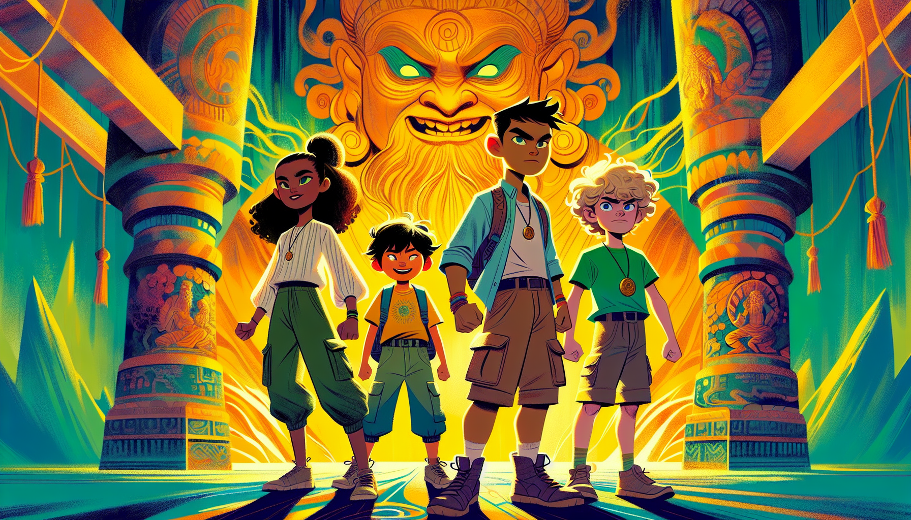 Children standing bravely in front of a grumpy god in a glowing chamber.