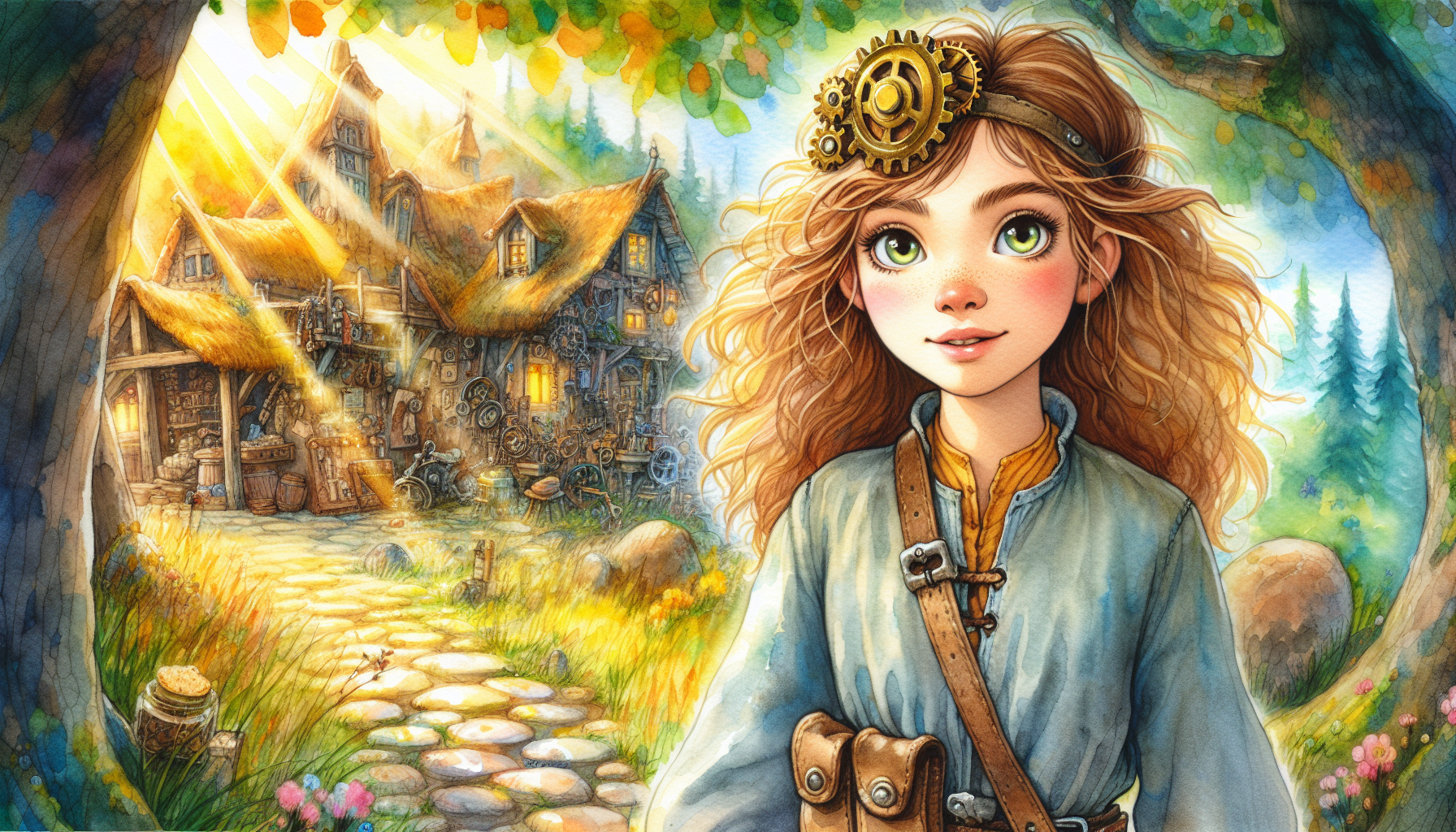 Lila, a young inventor, stands ready for adventure with her Gossamer Gear outside her home in the magical, sunlit Windswept village.