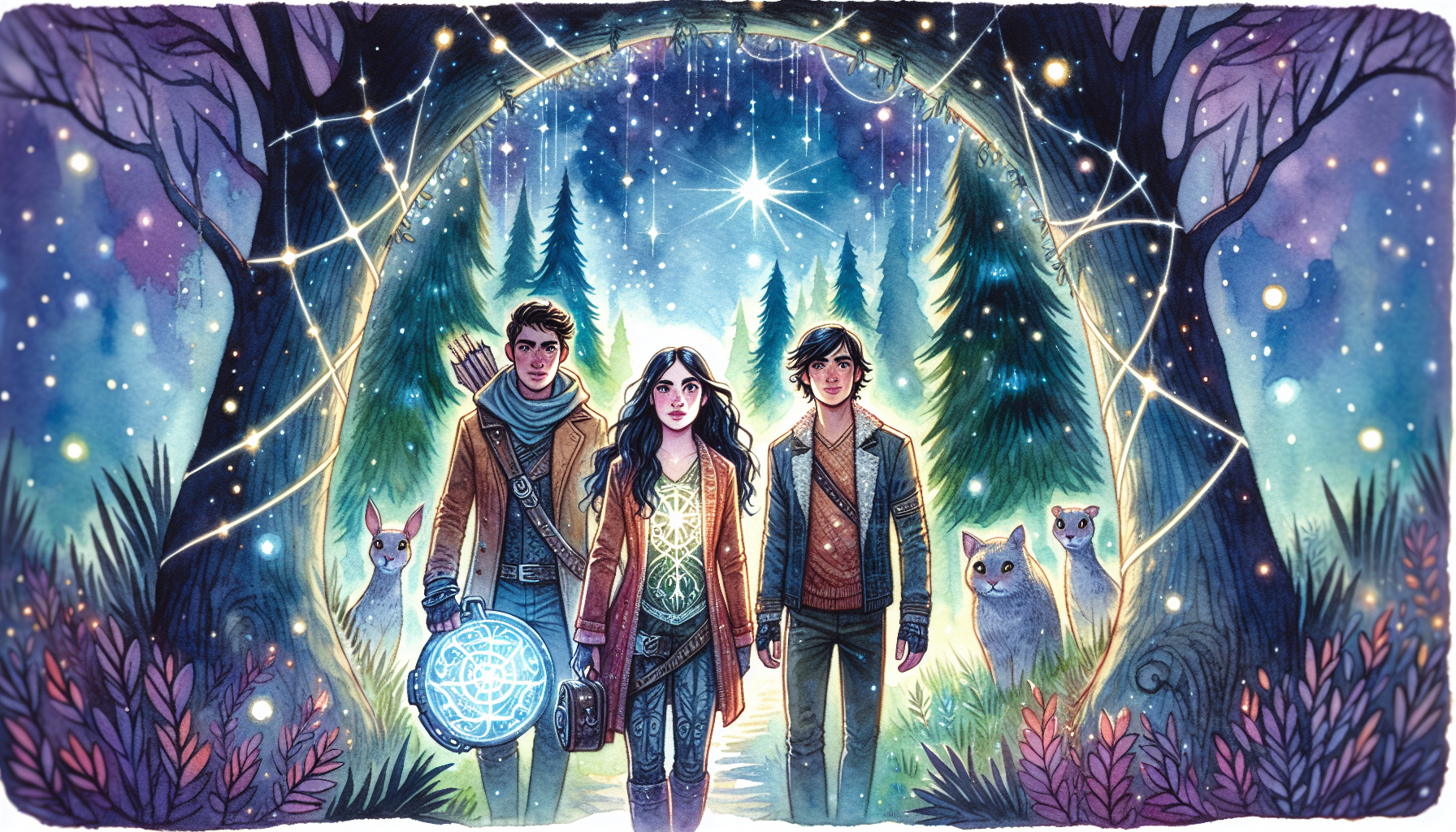 Under the stars, Lila, Felix, and Bella enter the enchanted forest, guided by the light of the Gossamer Gear.