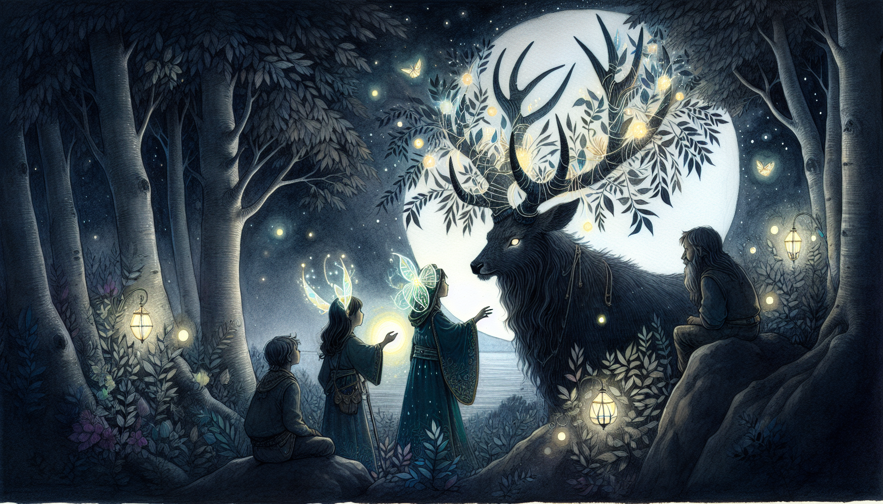 In a moonlit forest clearing, the Keeper of the Night, a deer with glowing antlers, speaks with Lila and her friends.