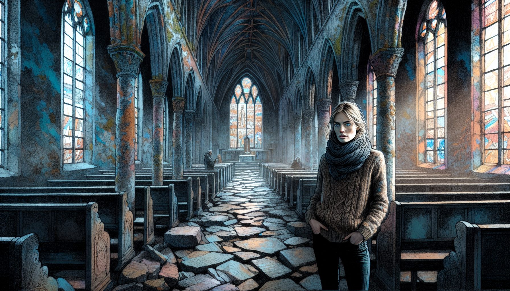 Ingrid approaches a secluded alcove inside the ancient church, surrounded by colorful light from stained-glass windows.