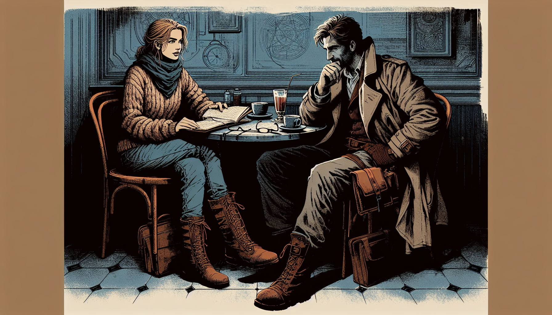 Ingrid and Magnus sit in a dimly lit cafè, with an air of tension between them.