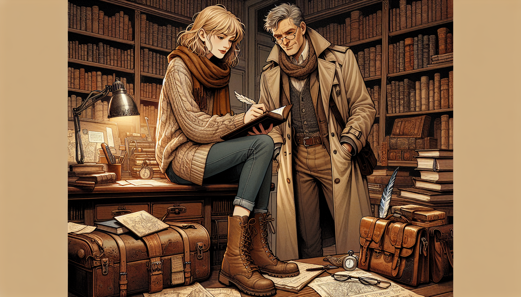 Ingrid and Magnus intensely study the manuscript in Magnus’s dimly-lit, book-filled study.