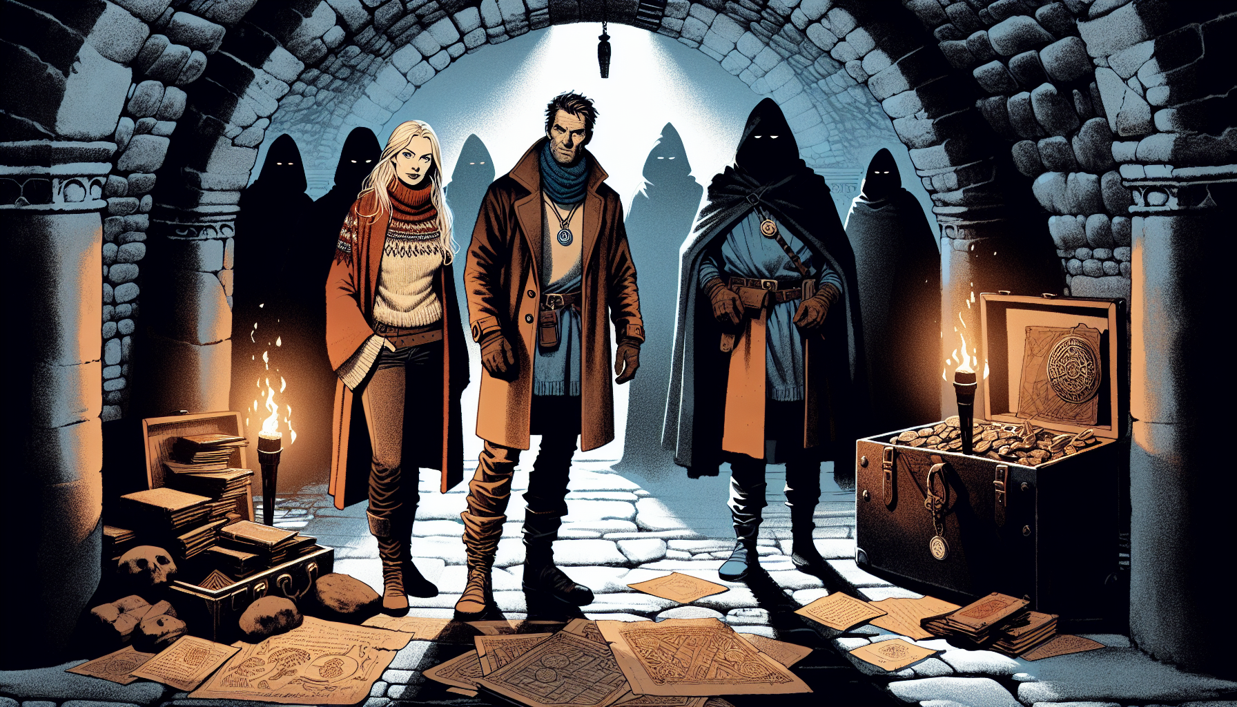 In the hidden chamber, Ingrid and Magnus are confronted by three hooded figures.