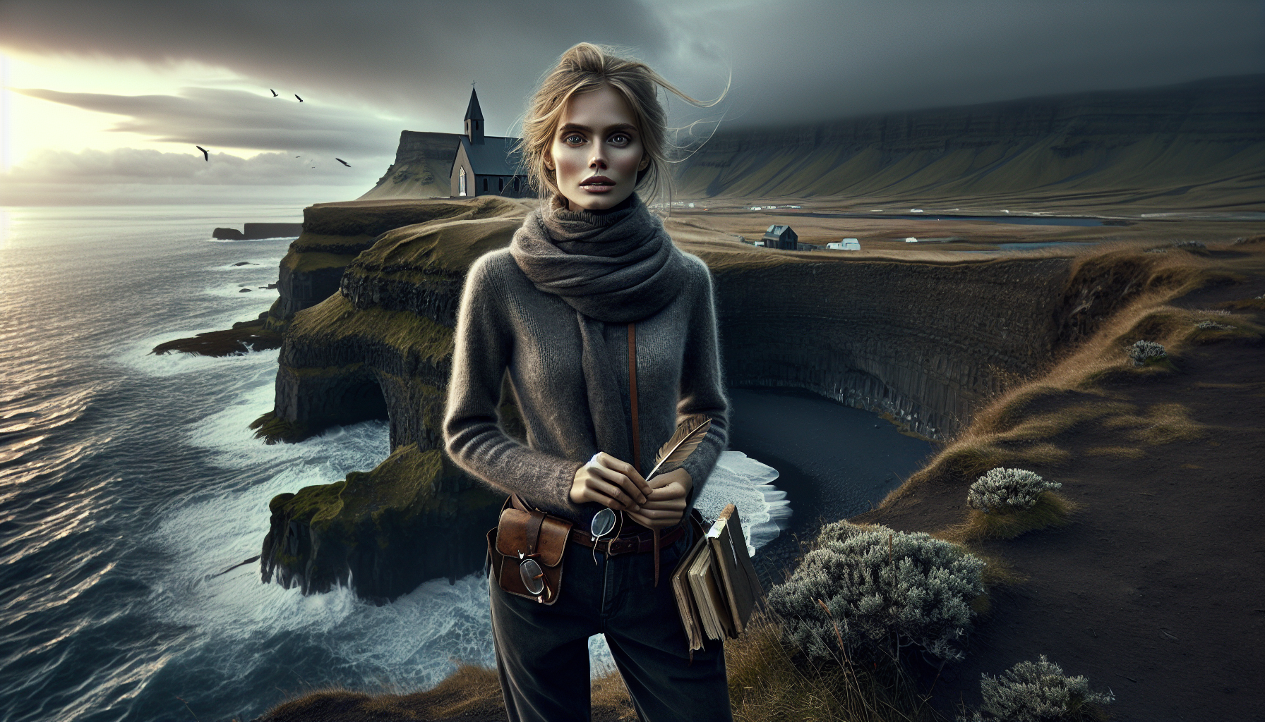 Ingrid stands on the Reykjavik cliffs, reflecting on her journey with the church in the distance.