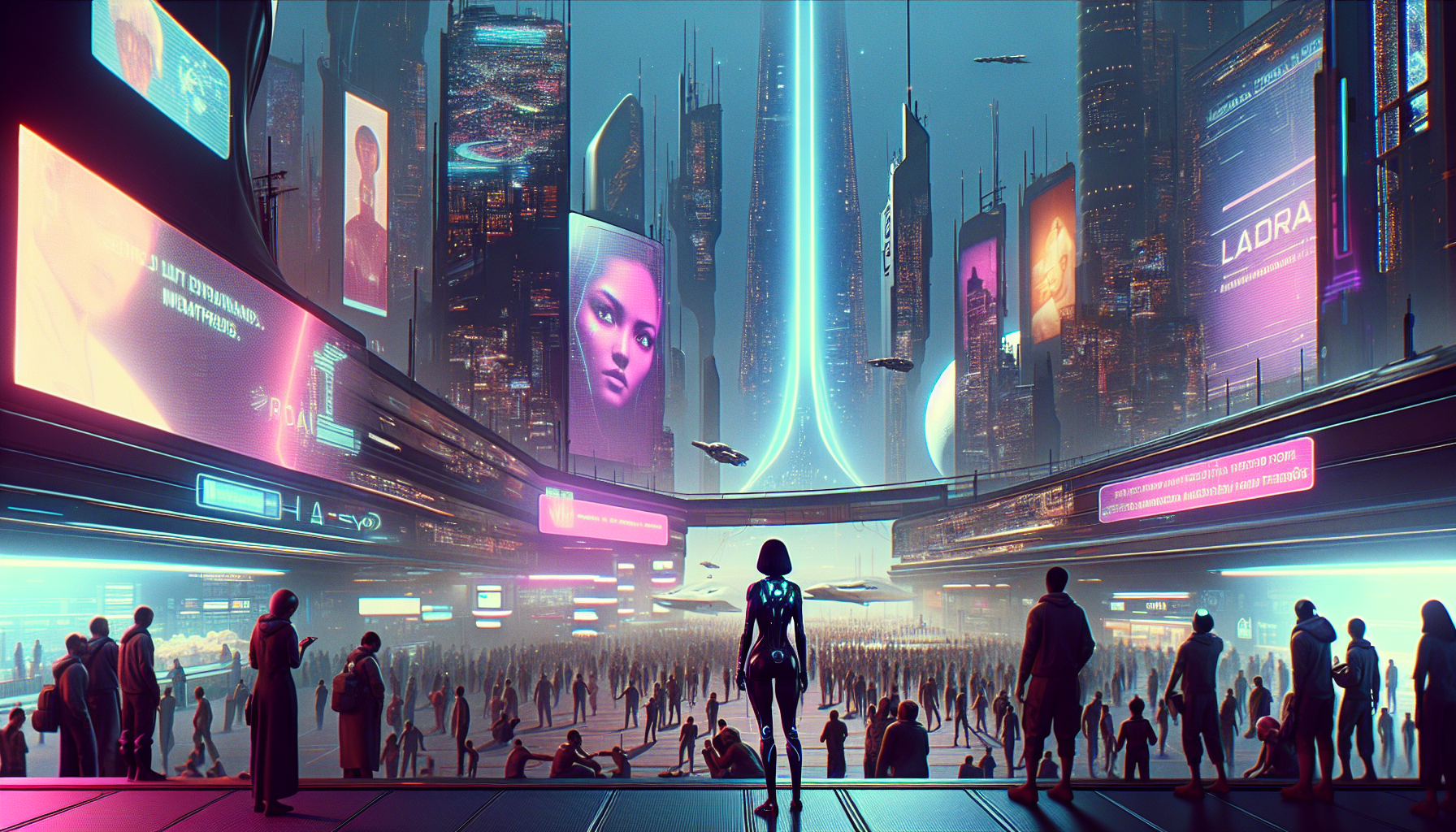 Elara Croft in the busy spaceport of New Troy, with holographic billboards and the Sol Federation's tower in the backdrop.