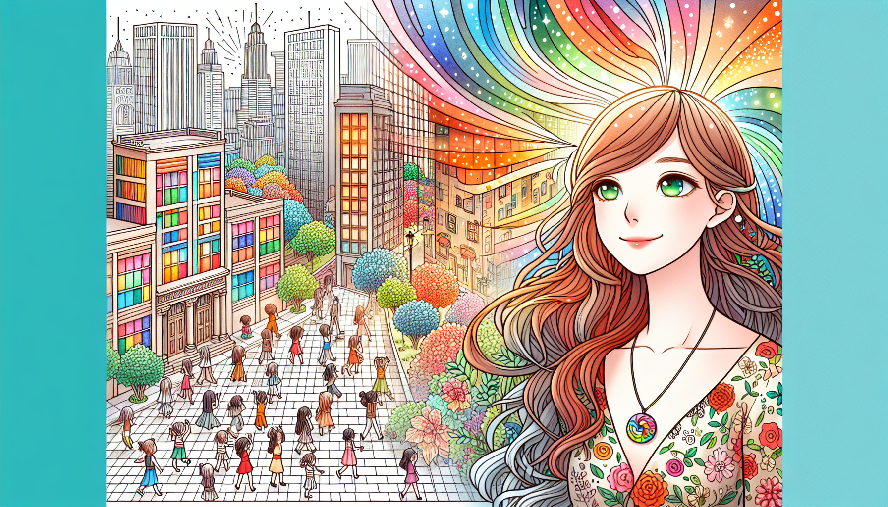 The city transforms into a colorful wonderland as people sing and work together.