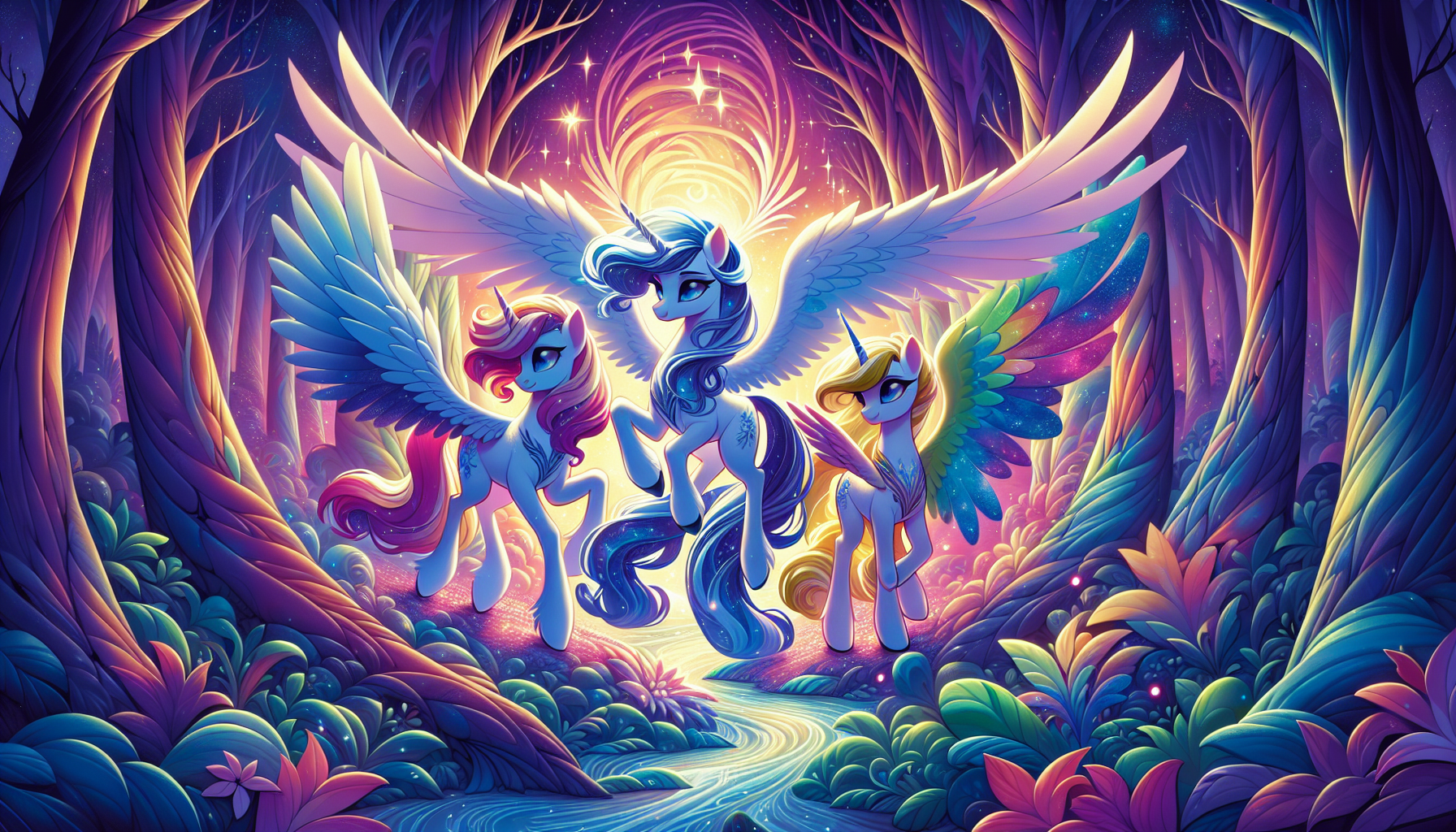 The trio entering the mesmerizing Singing Forest, drawn by its magical song.