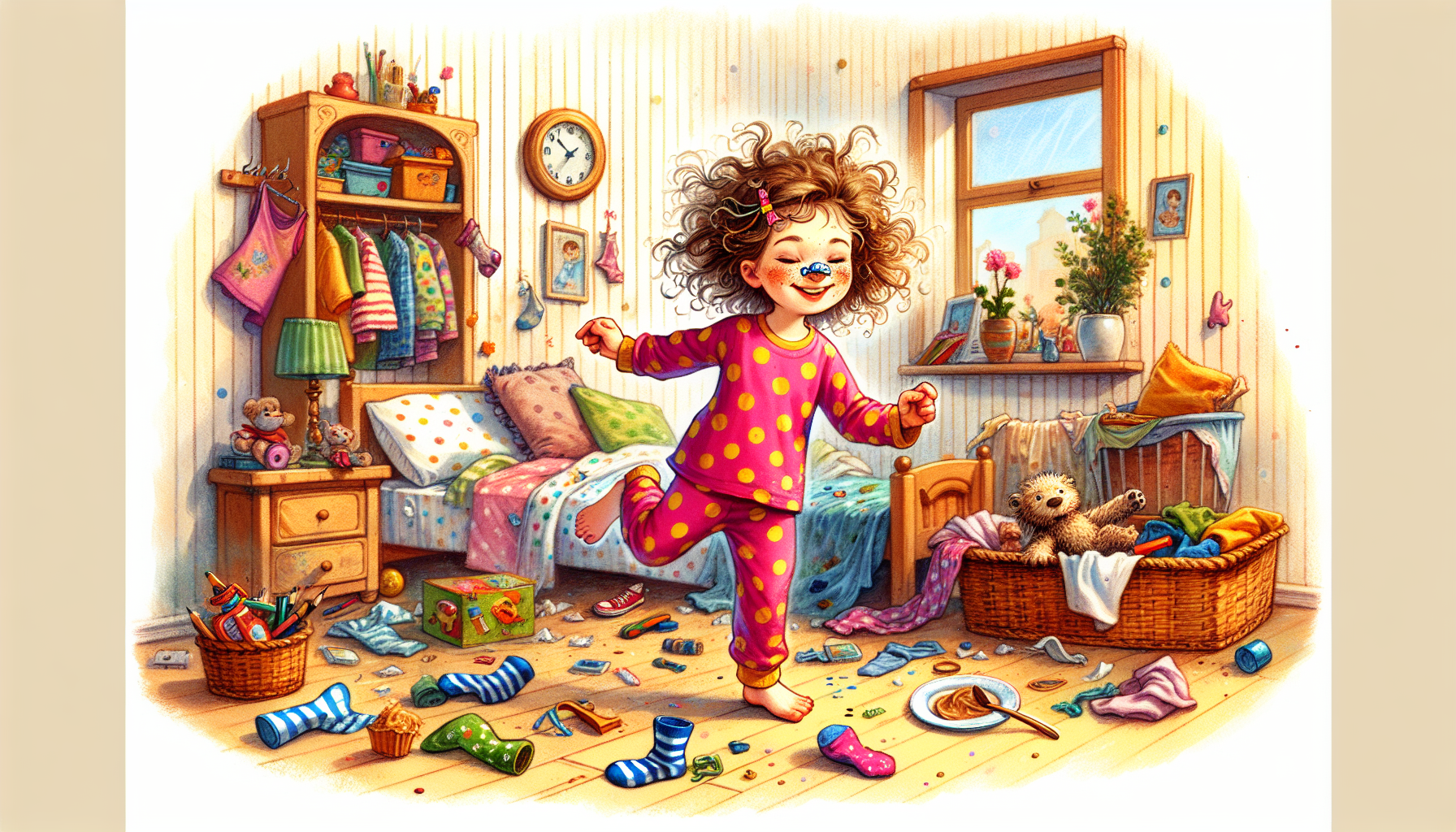 Betsy searching wildly for her socks in her cluttered bedroom.
