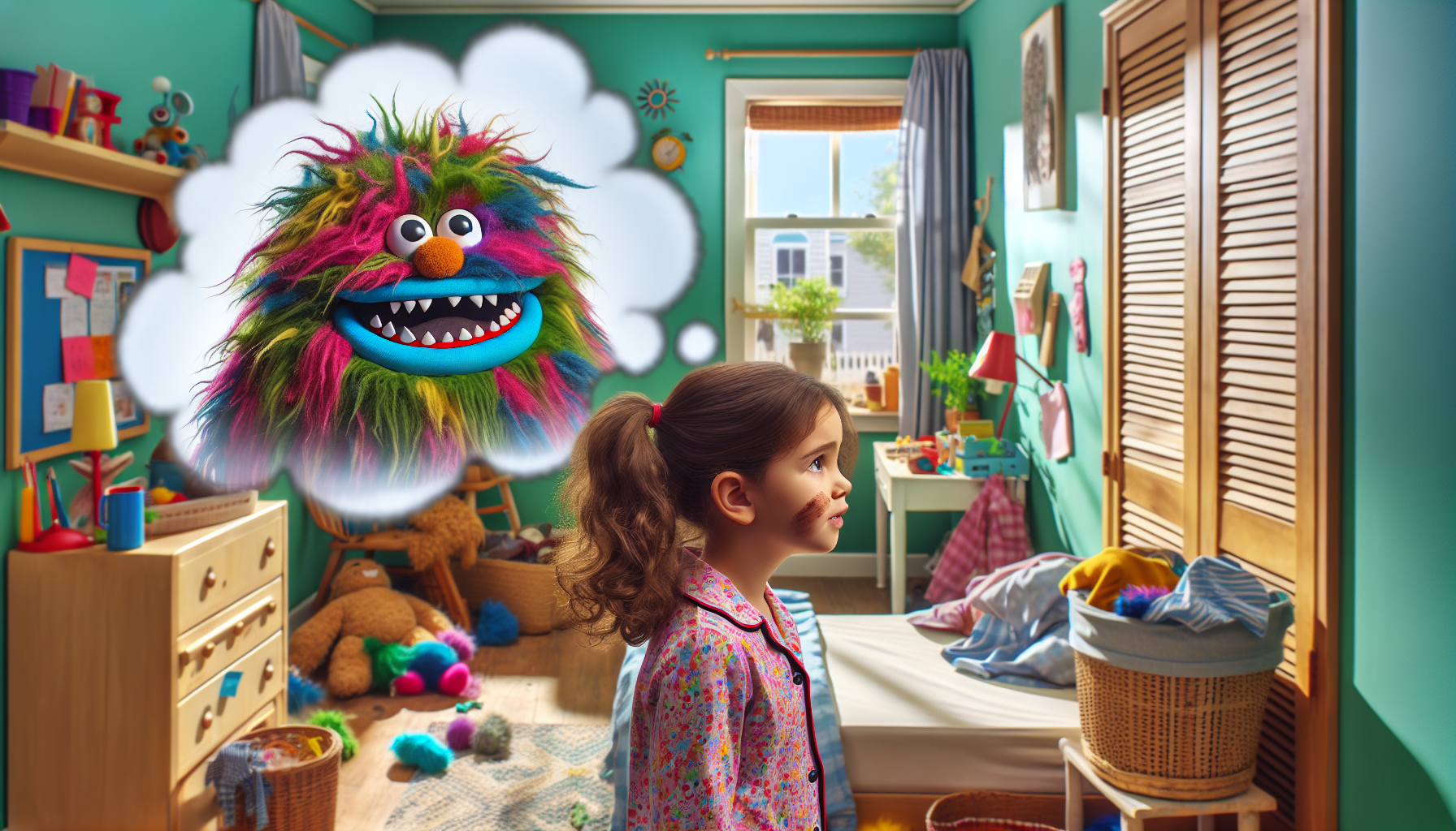 Betsy imagines a Sock Monster while her mom, standing at the doorway, sighs at the messy room.