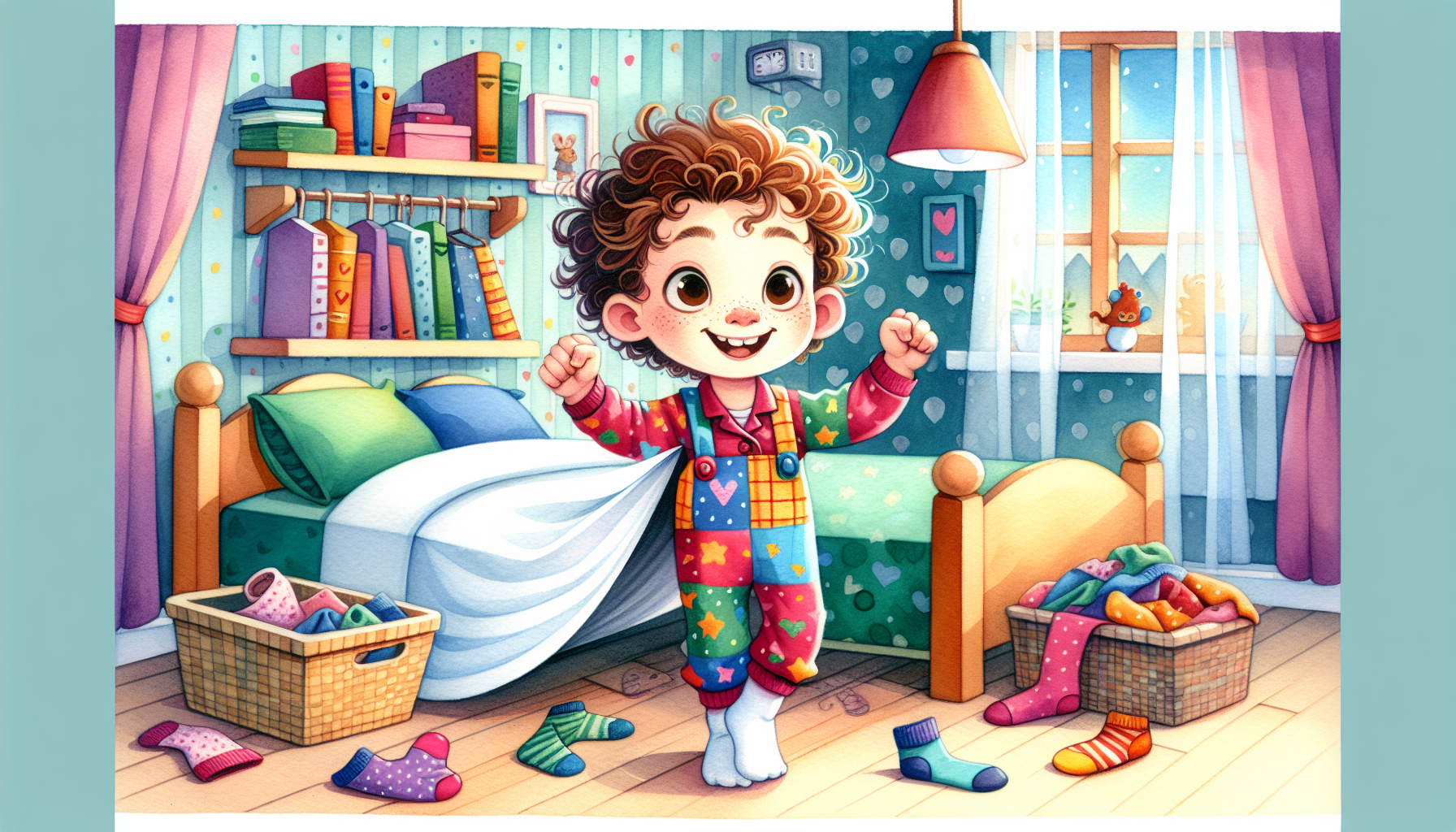 Betsy finds a sock under her mattress and celebrates in her tidier room.