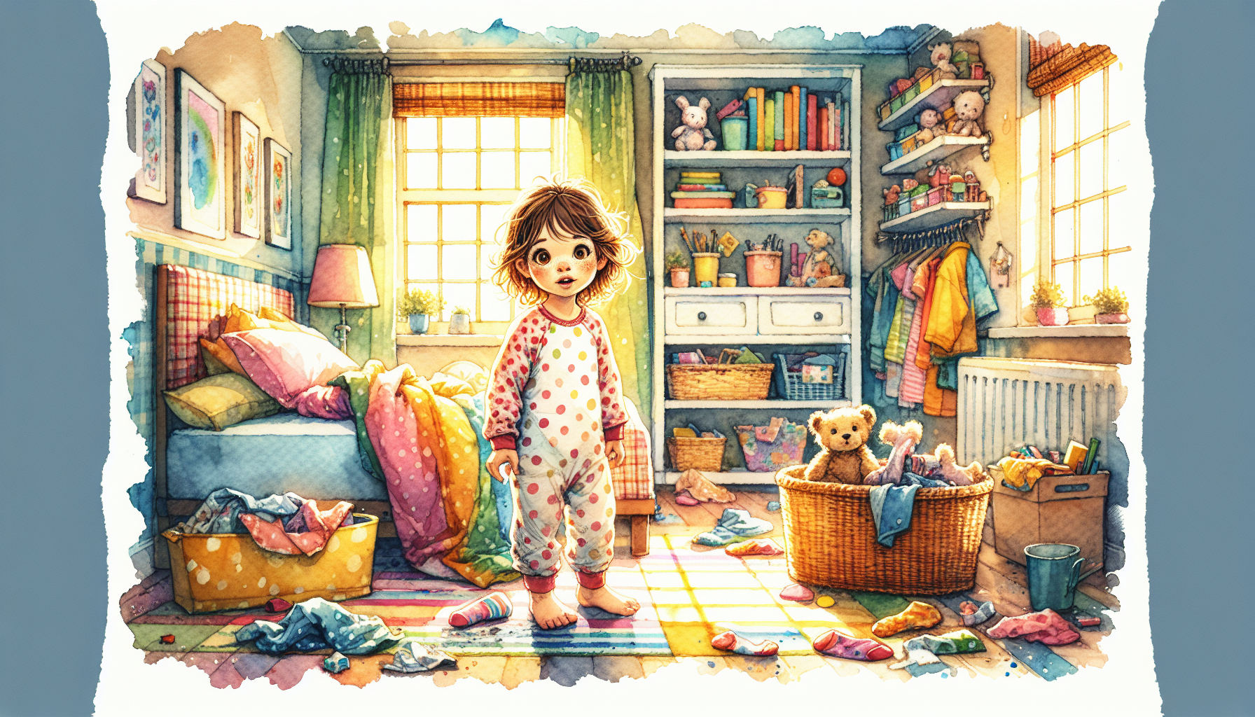 Betsy feels satisfied yet puzzled in her now-tidy bedroom.