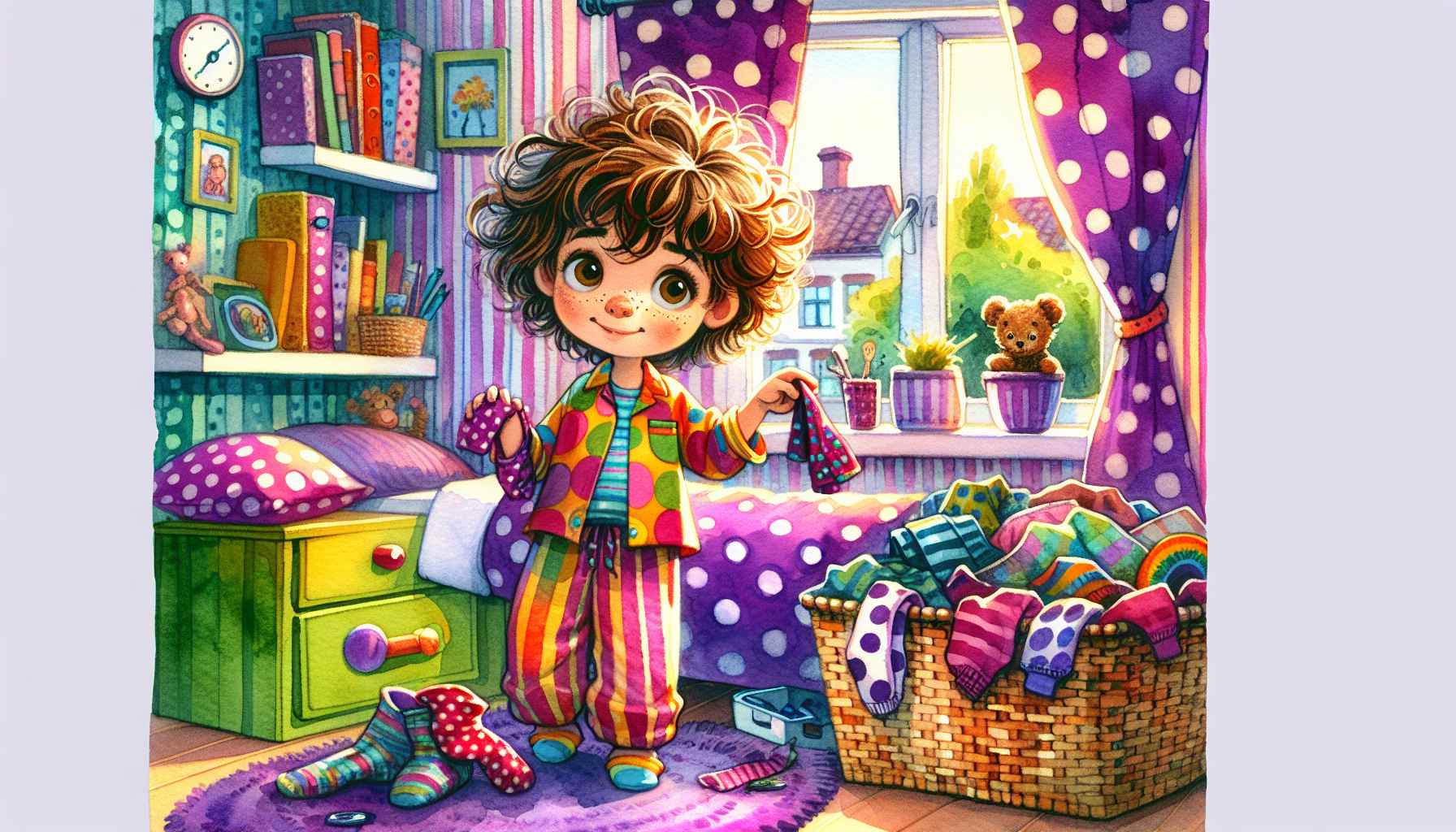 Betsy finds her polka-dot socks on the laundry basket and realizes there was no real Sock Monster.