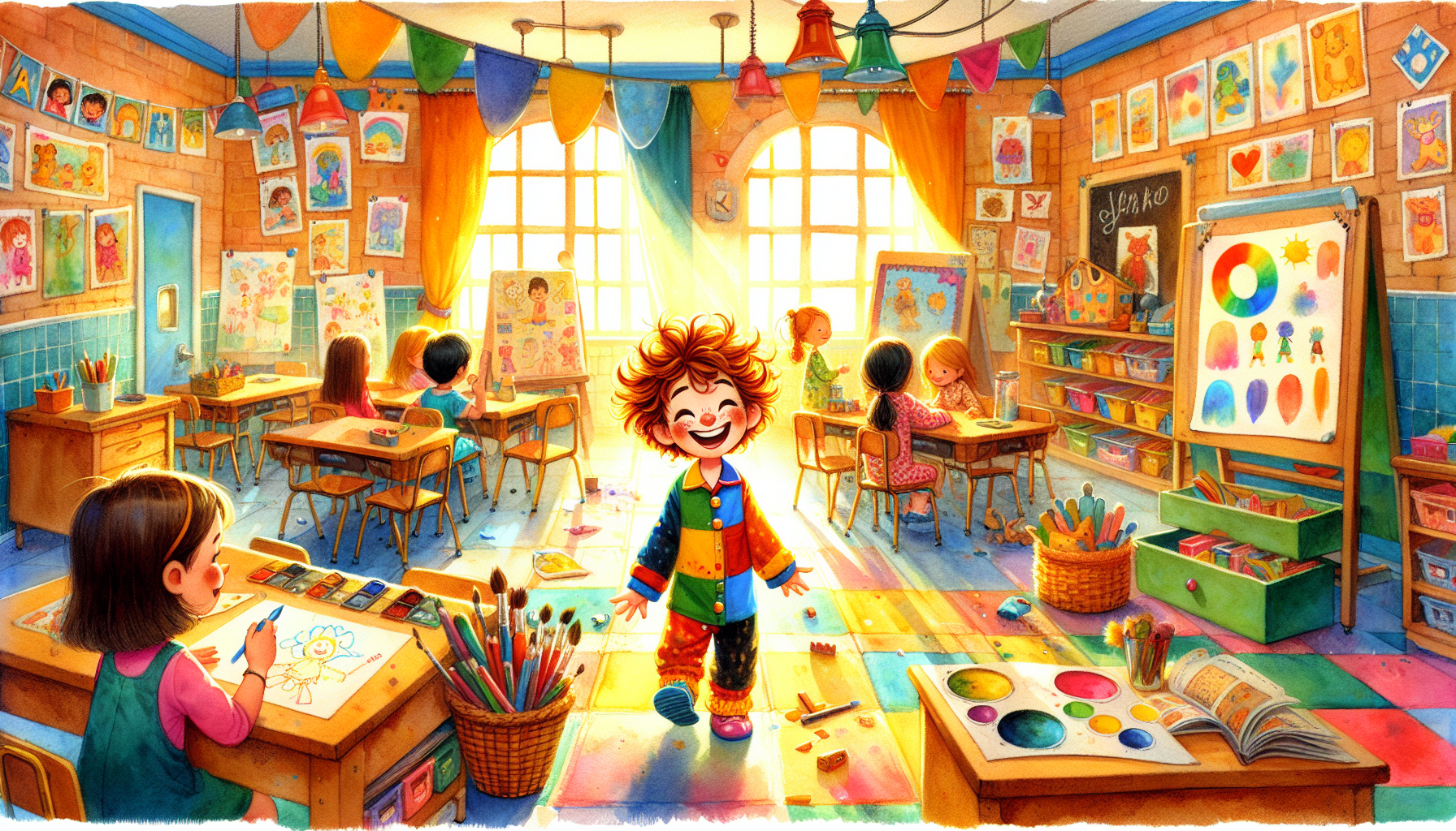 Betsy shares her Sock Monster story with friends at school and they laugh together.