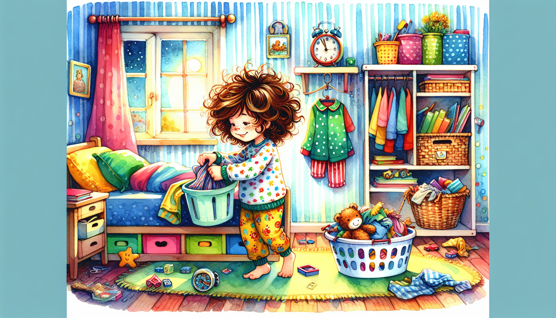 Betsy tidies up before bed and whispers goodnight to the imaginary Sock Monster.