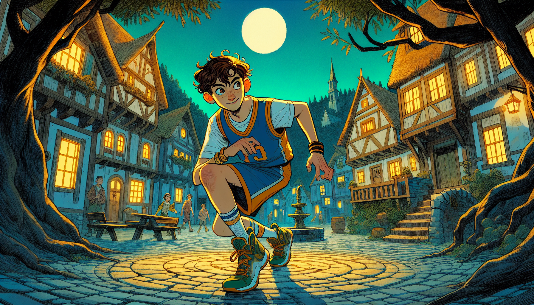 Milo steps into the deserted village square at night, holding a candle.