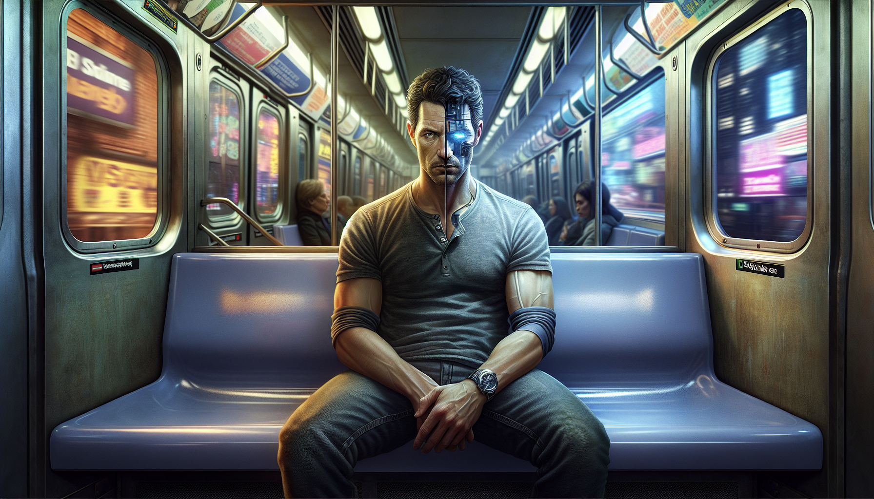 Daniel sits exhausted on a nearly empty maglev train, his head leaning against the window, with towering skyscrapers and neon signs blurred outside.