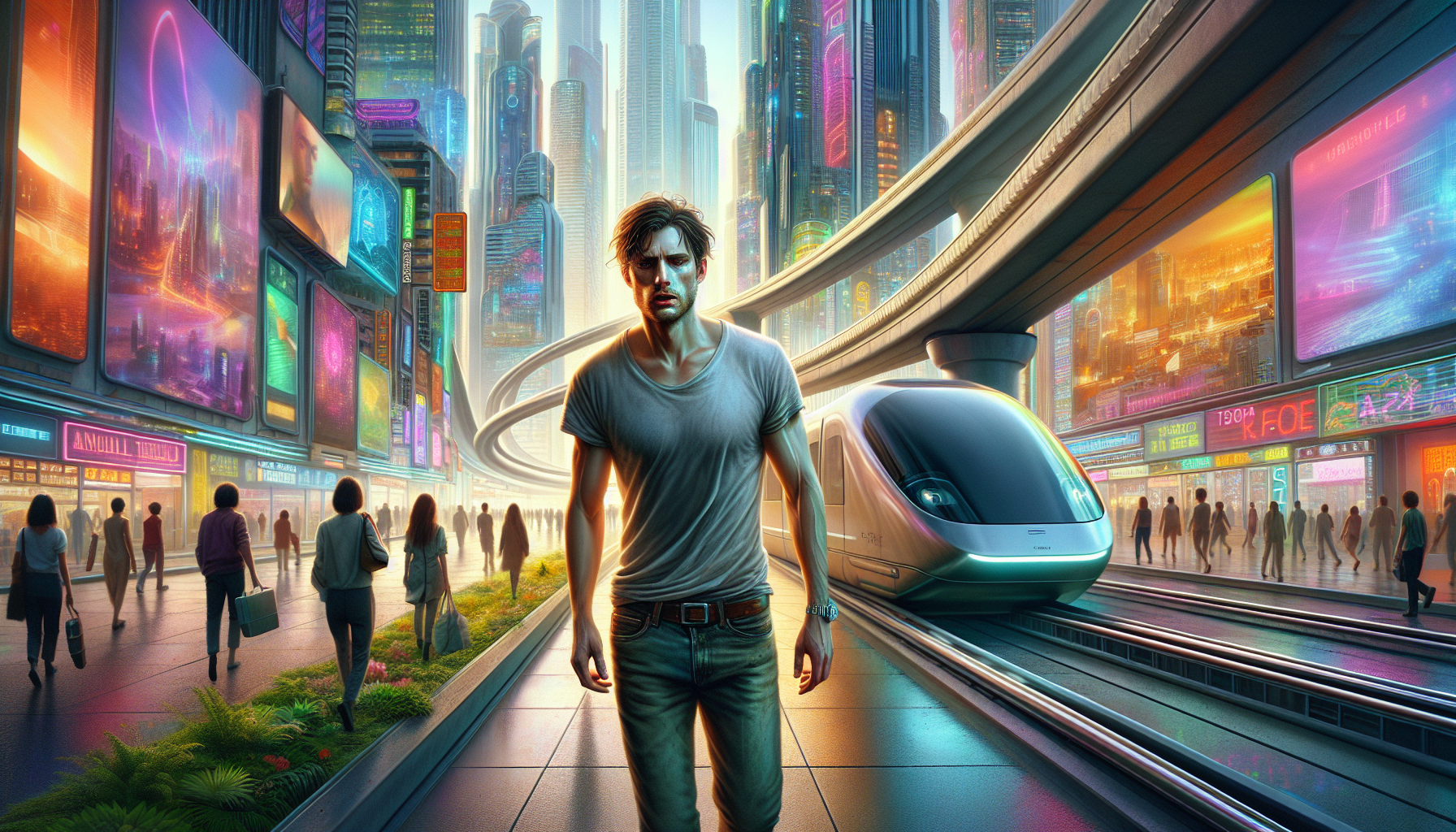 Daniel exits the station to find himself in a cleaner, more advanced city with vibrant neon signs and people moving purposefully.