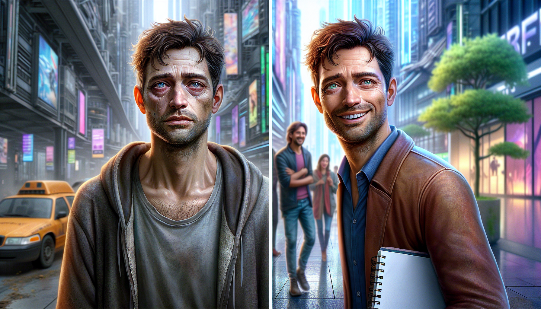 Daniel sees Parallel Daniel, who radiates warmth and fulfillment, laughing and greeting people in the vibrant city streets.