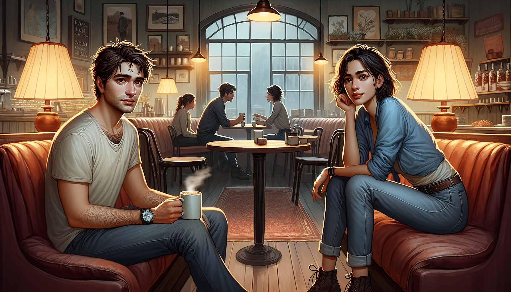 Daniel and Maya sit in a cozy café, with Daniel holding a steaming mug of coffee and Maya listening intently.