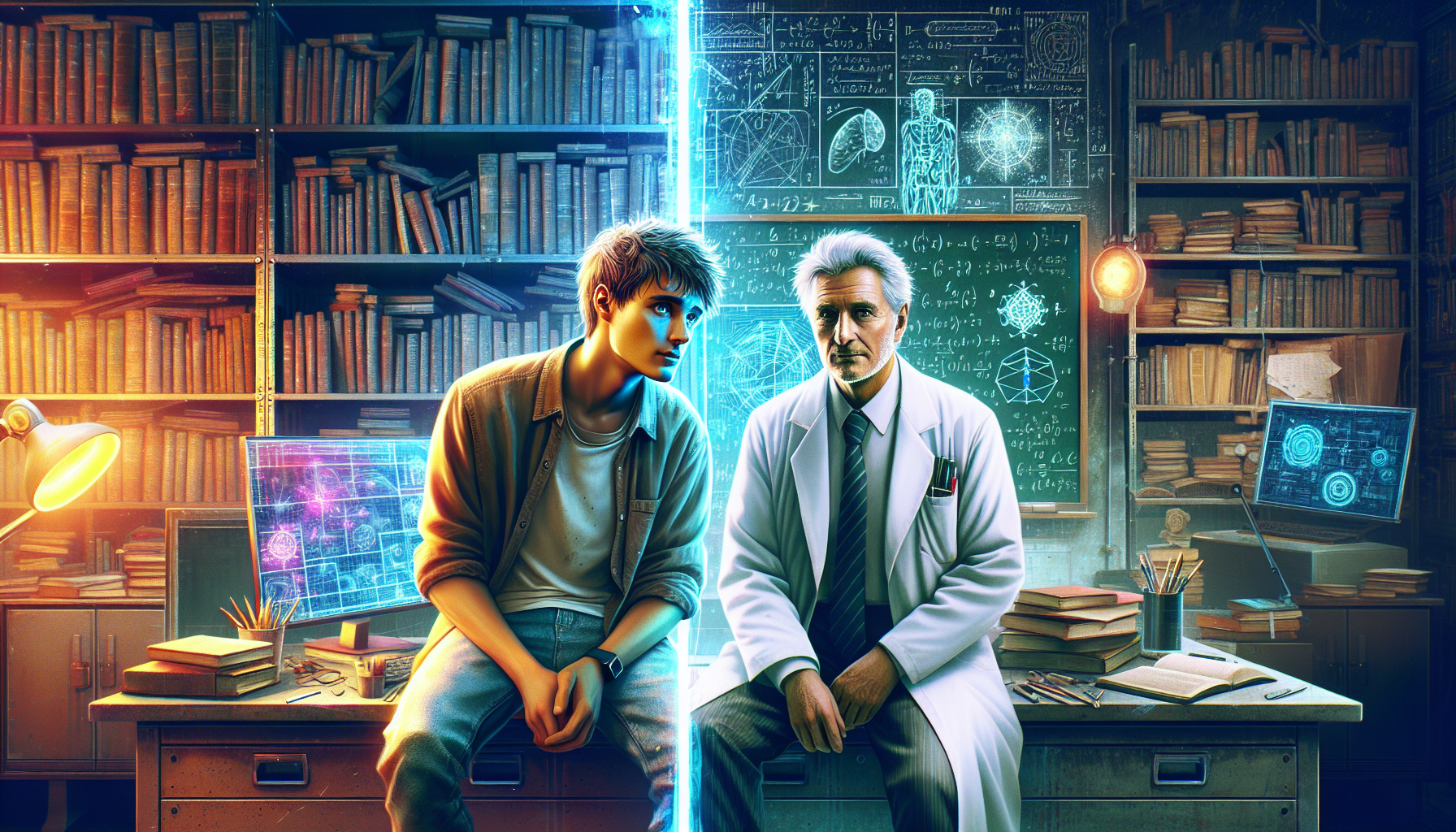 Dr. Harlan listens intently in his cluttered office as Daniel recounts his experiences, the scientist's eyes flickering with fascination.