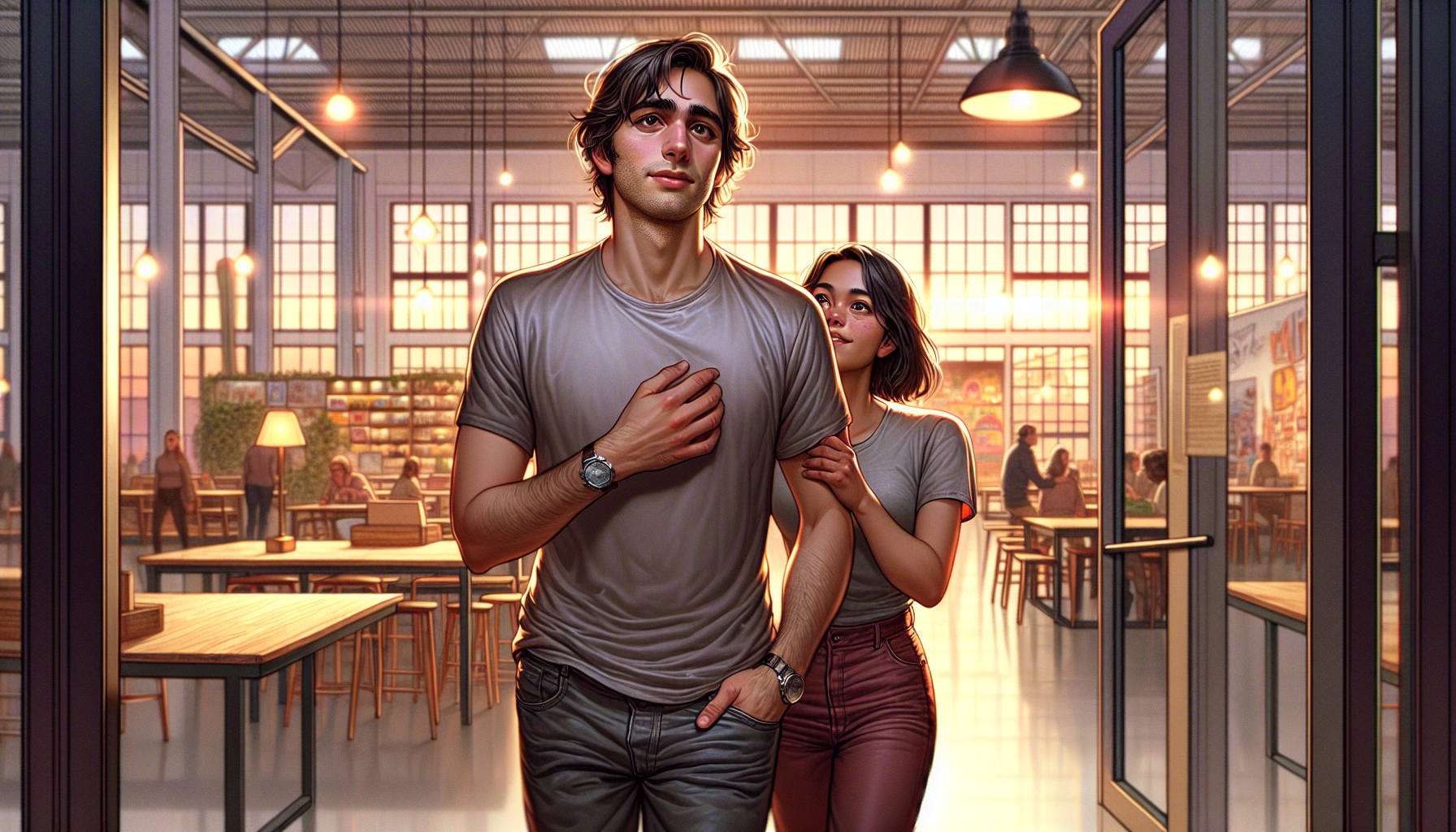 Daniel steps into the community center, feeling charged with potential, as Maya places a reassuring hand on his shoulder.