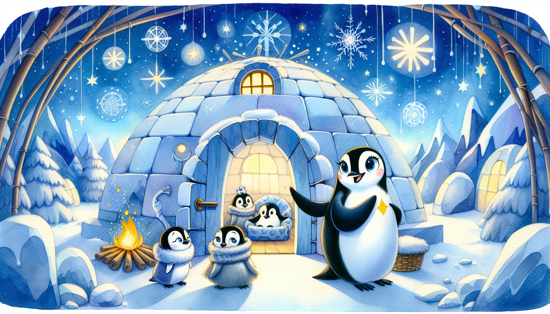 Penny the Penguin stands with her parents at the entrance of their cozy igloo, looking out at the snowy landscape with determination.