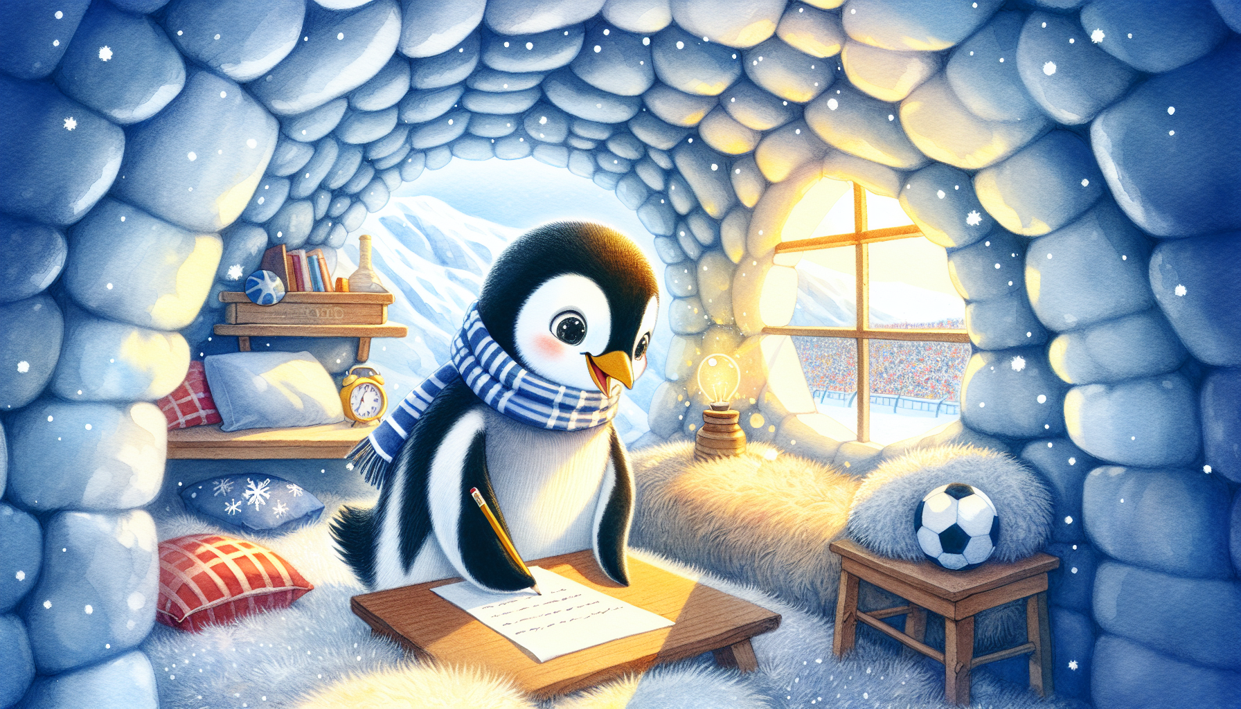 Penny inside her igloo, writing down names and ideas on parchment, looking determined to form a soccer team.