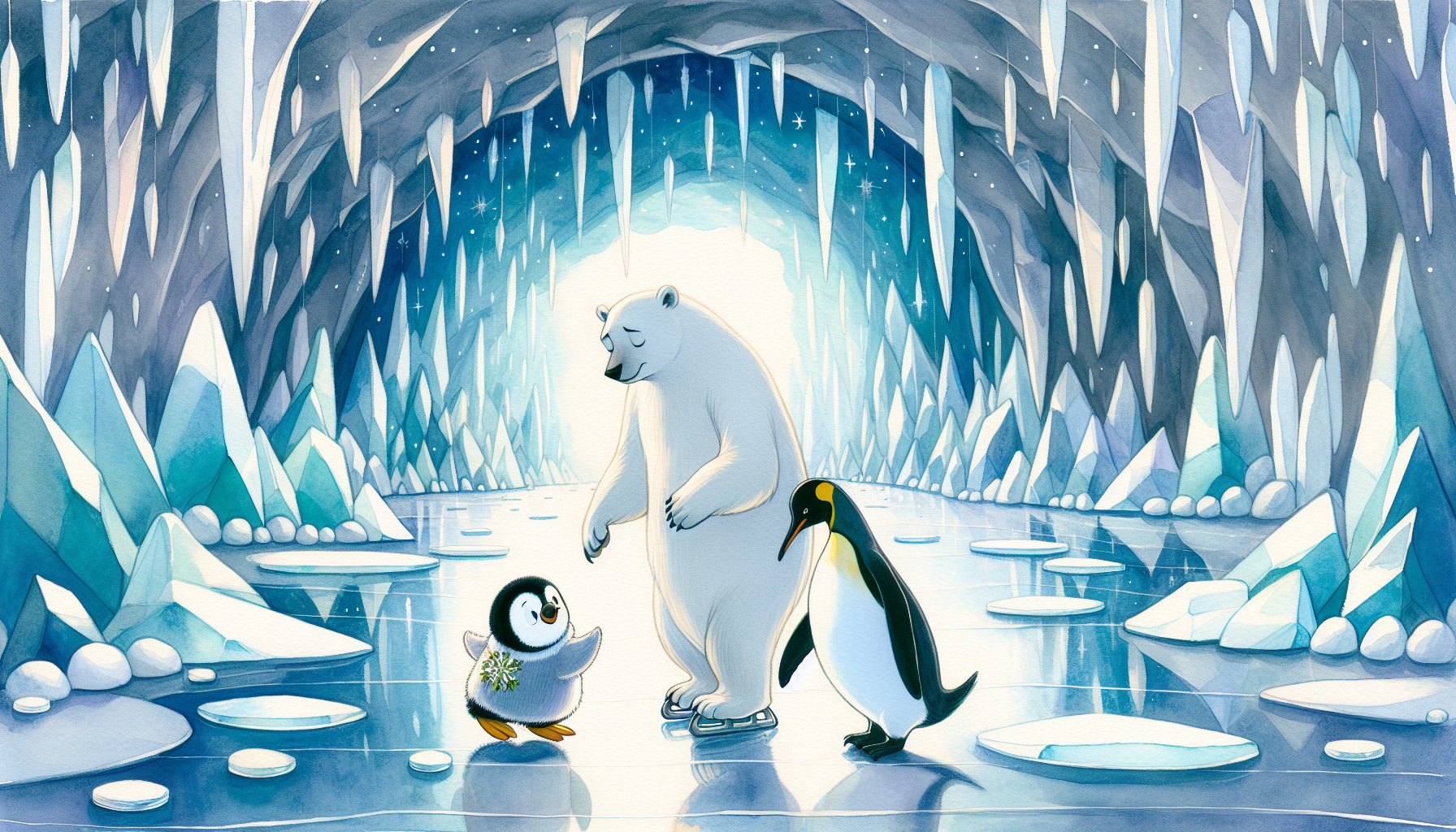 Penny meets Barry the Dancing Polar Bear at the shimmering ice cave, explaining her plan to form a soccer team.