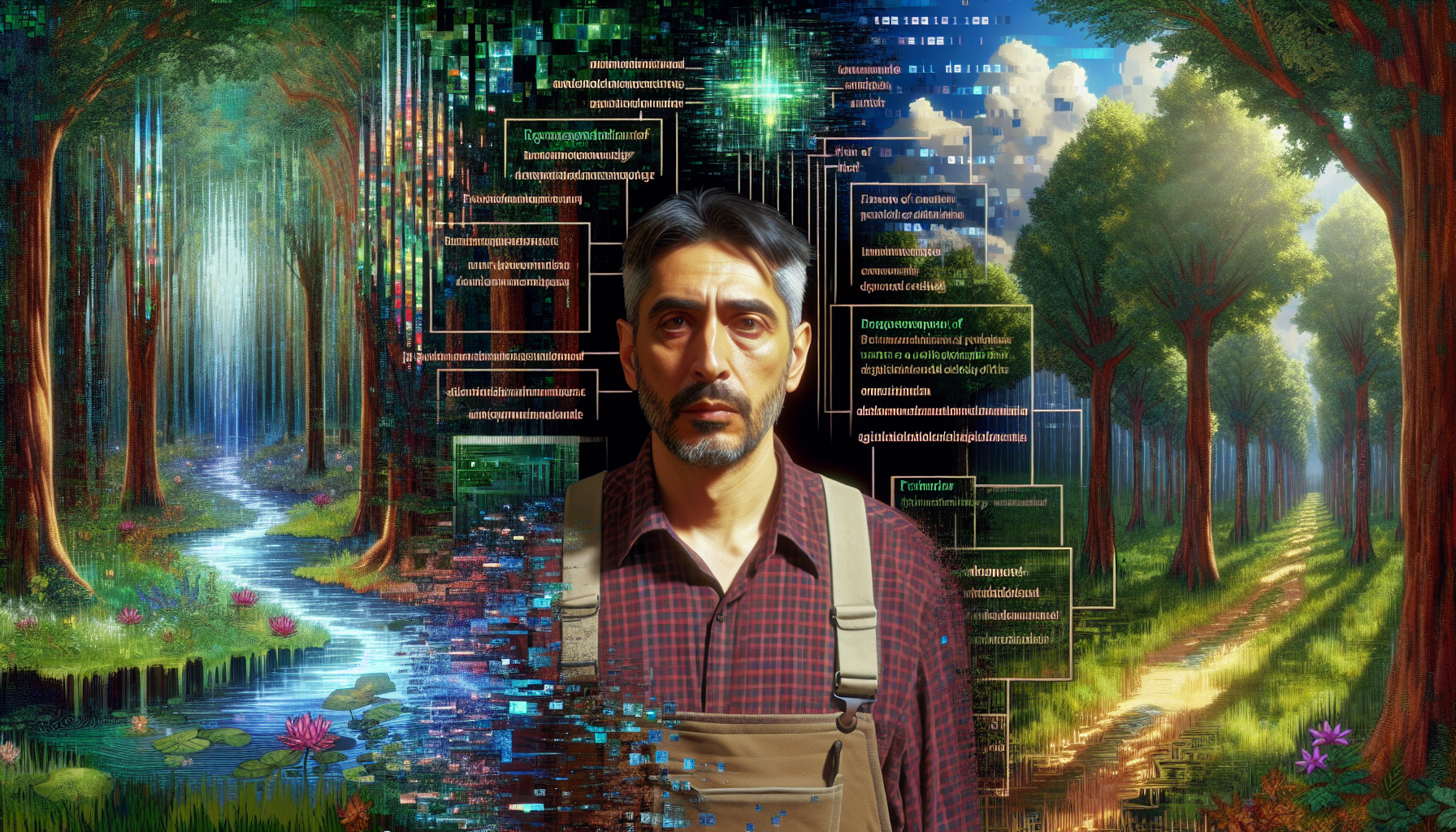 Jake observes transformed workers in the glitching Binary Woods.