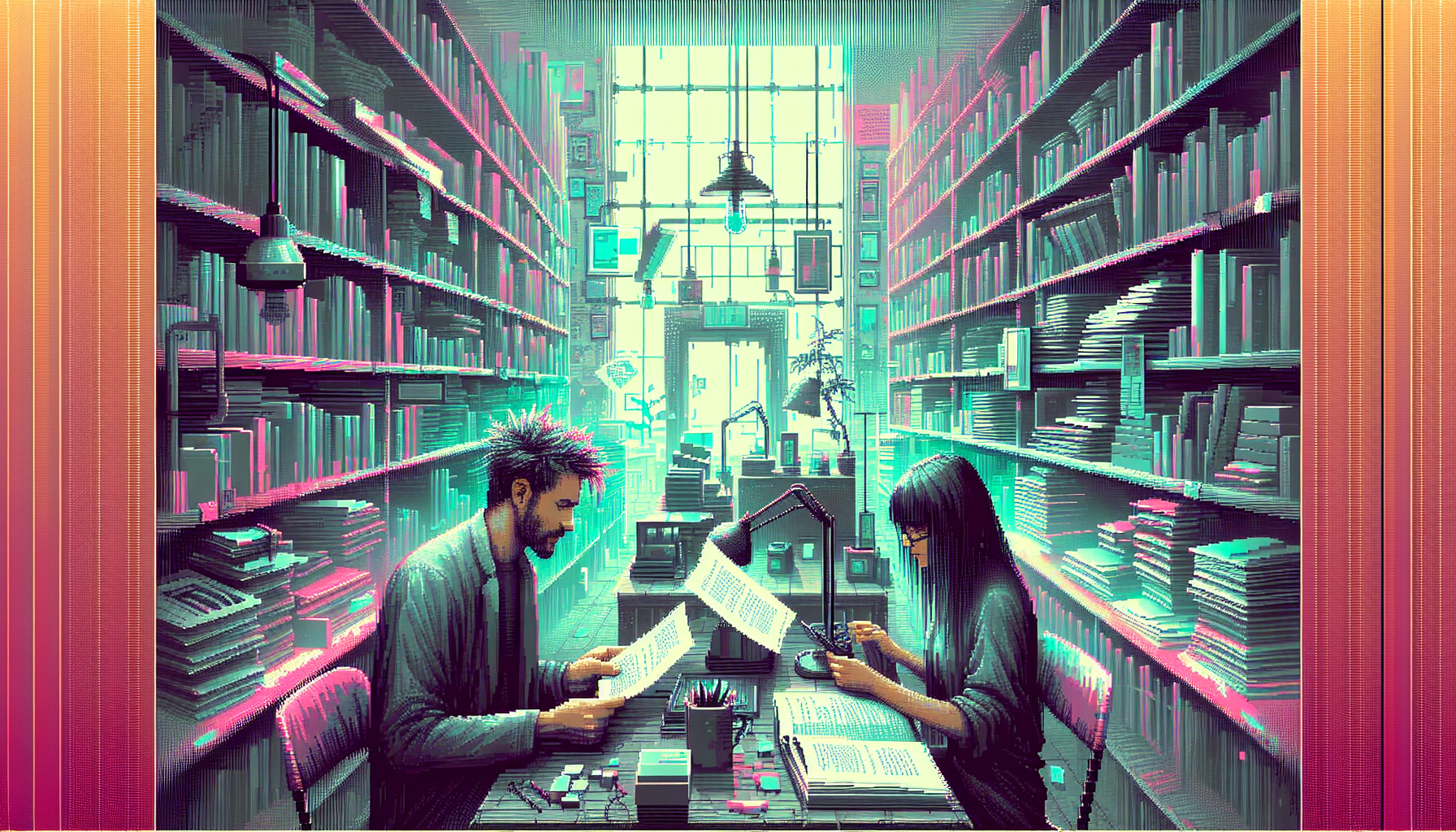 Jake and Sarah examine Quantum Frontier documents in a bookshop.