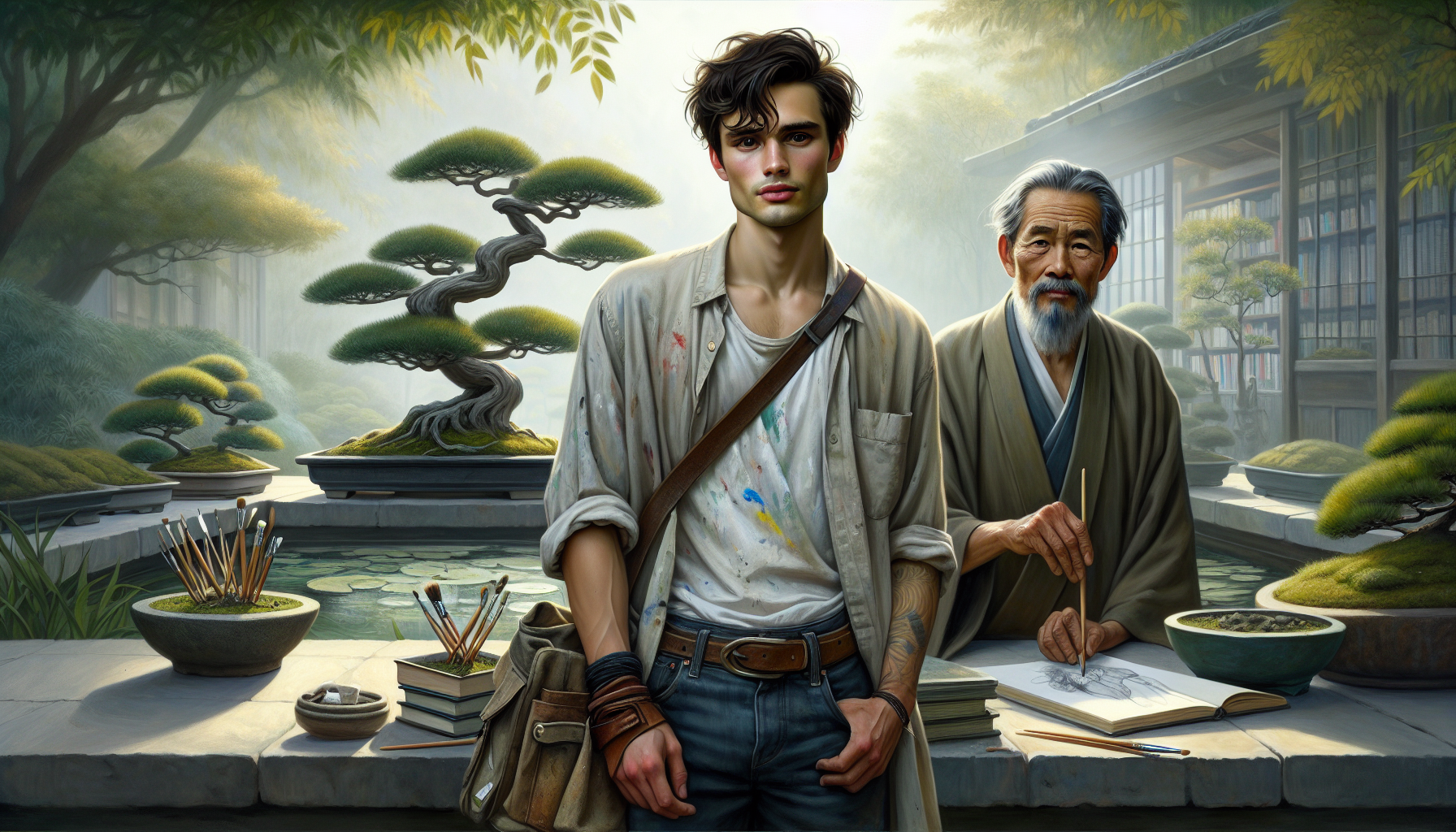 Mr. Tanaka advises Hiro on shaping his juniper bonsai tree.