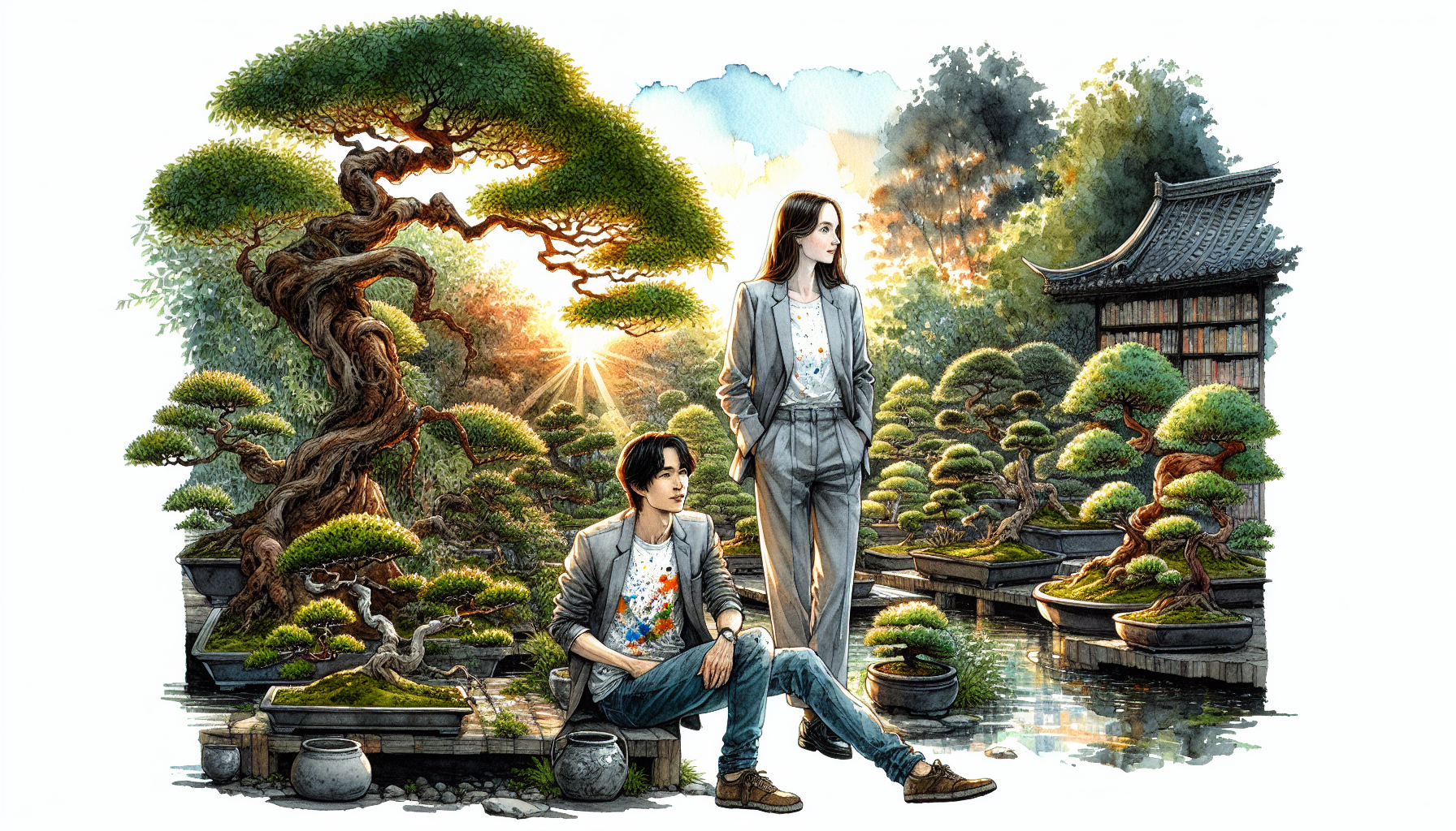 Under the setting sun, Yuki and Hiro sit together in companionship.