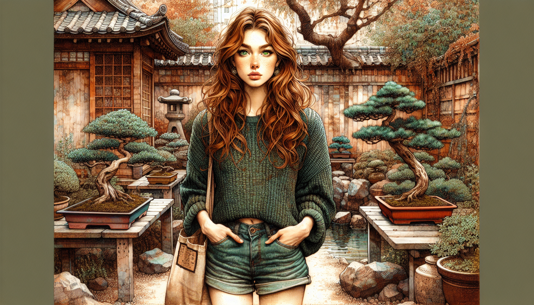 Sakura works on her oak bonsai, mirroring her activism frustrations.