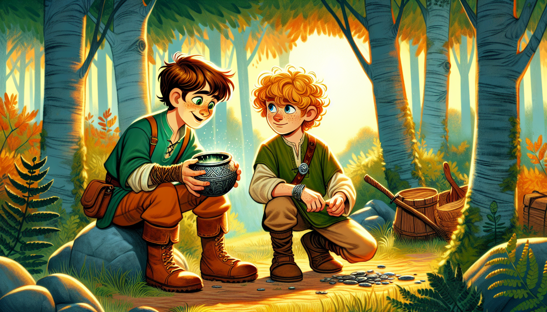 Lochlan holds an old pot with Paddy looking on in a sunlit forest clearing.