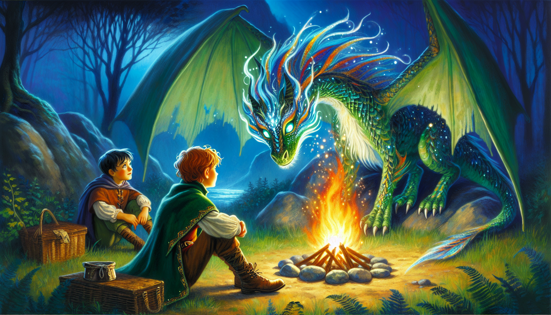 The dragon reignites its flame focused on a small campfire, watched by Lochlan and Paddy at dusk.