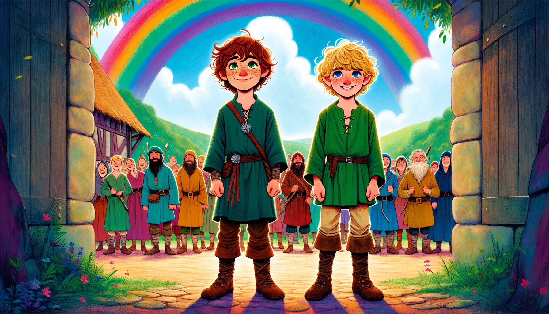 Villagers celebrate beneath a permanent rainbow, with joyful Lochlan and Paddy witnessing the unity.