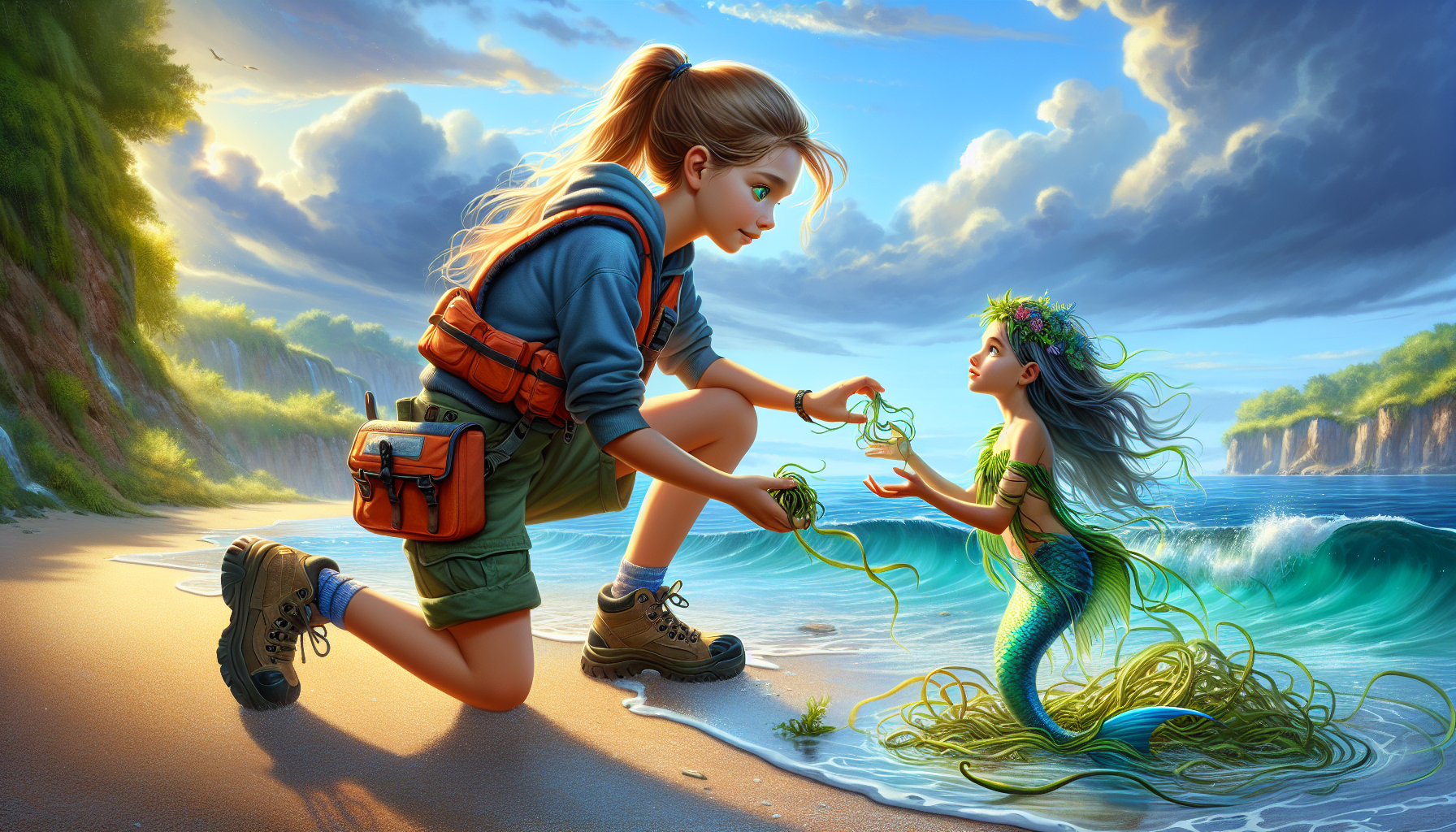 Young girl untangling and receiving a scroll from a mermaid on a sunny beach