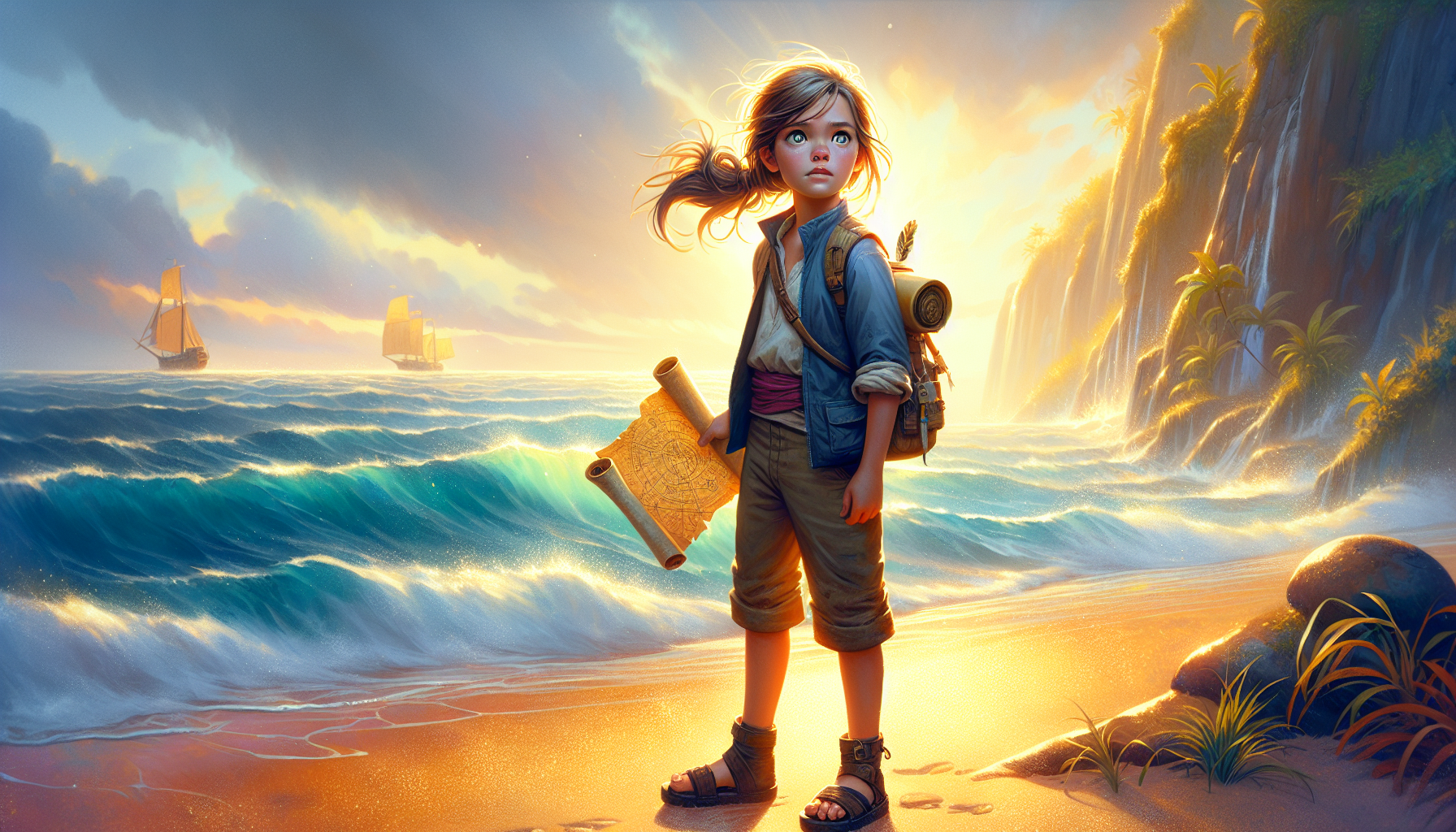 Young girl holding a scroll, gazing out at the ocean at sunset, indicating the beginning of her quest