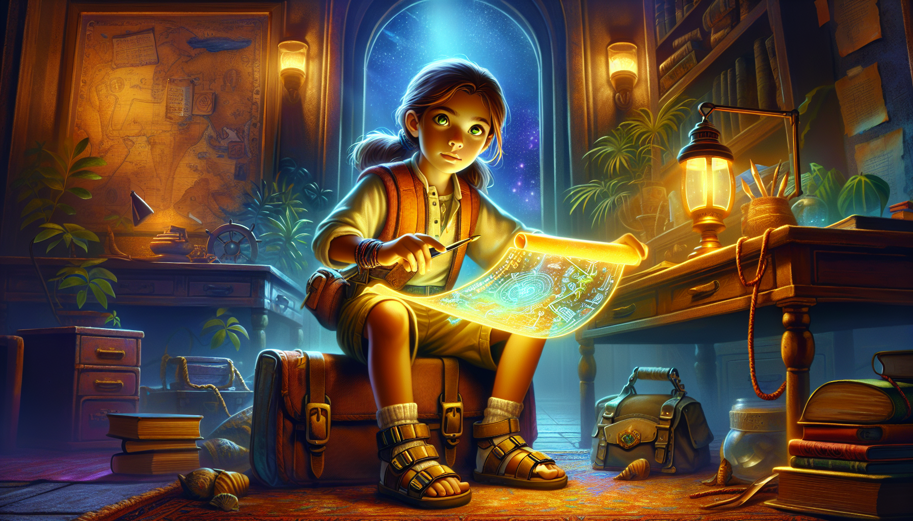 Young girl studying a glowing, ancient scroll with a map, in her dimly lit room