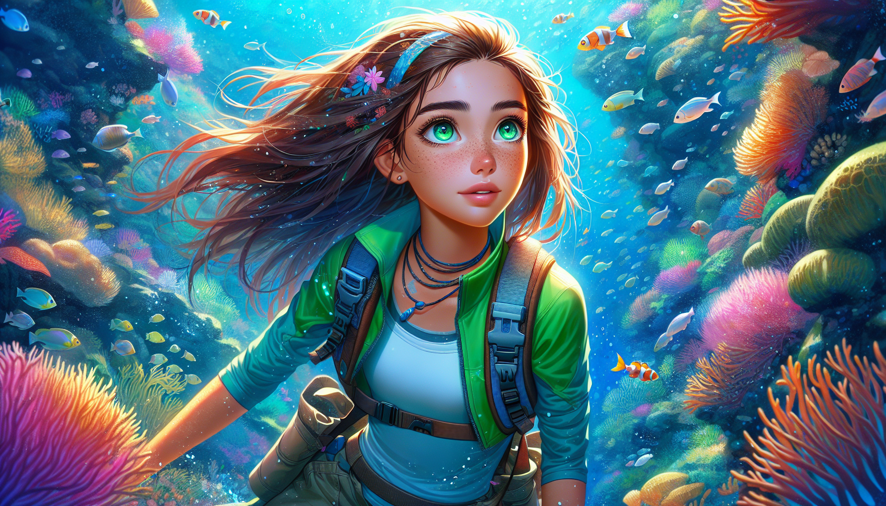 Young girl swimming through an vibrant underwater coral reef, showcasing the beauty beneath the sea