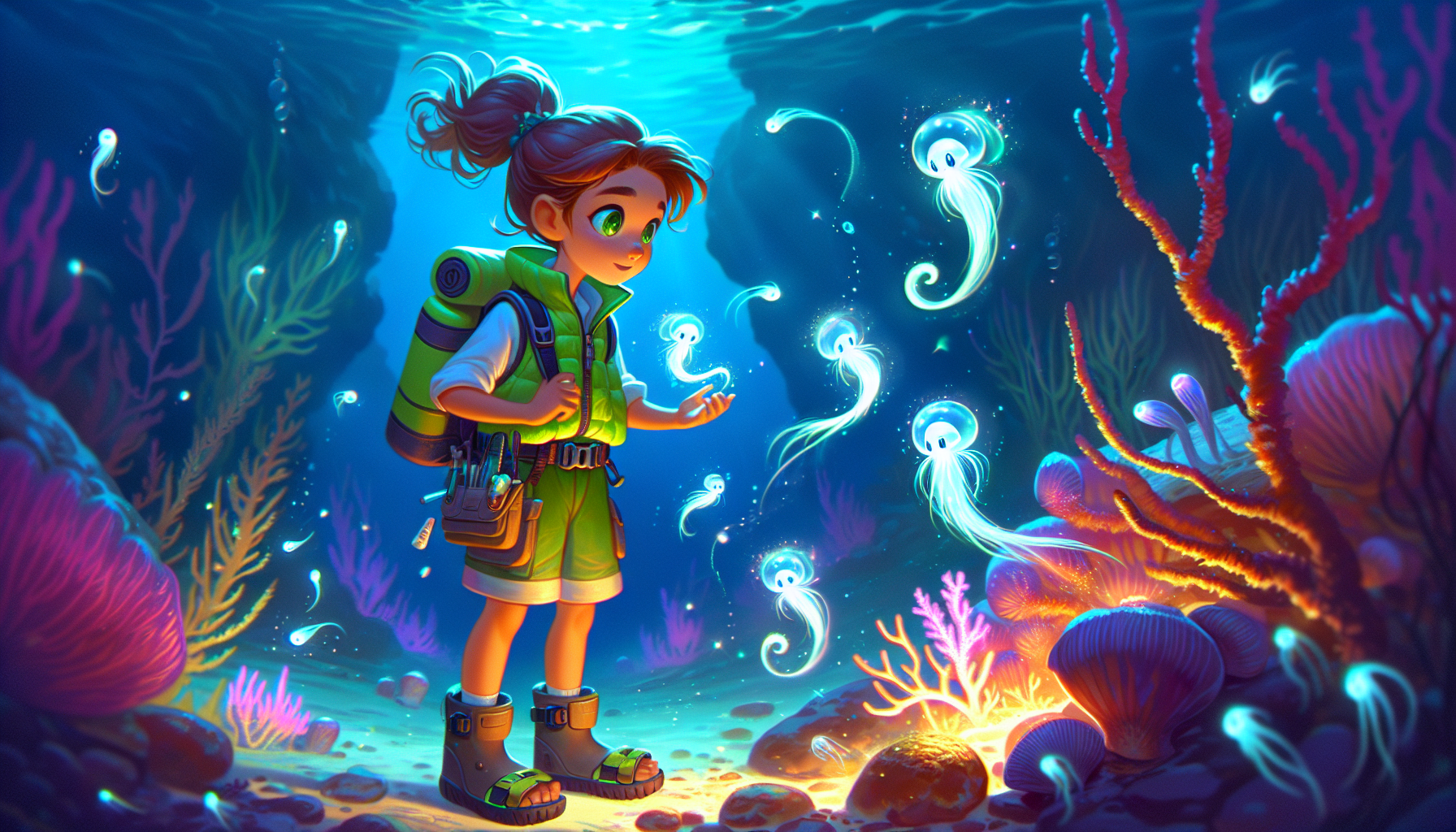 Young girl underwater, surrounded by playful sea sprites, offering them a luminous shell