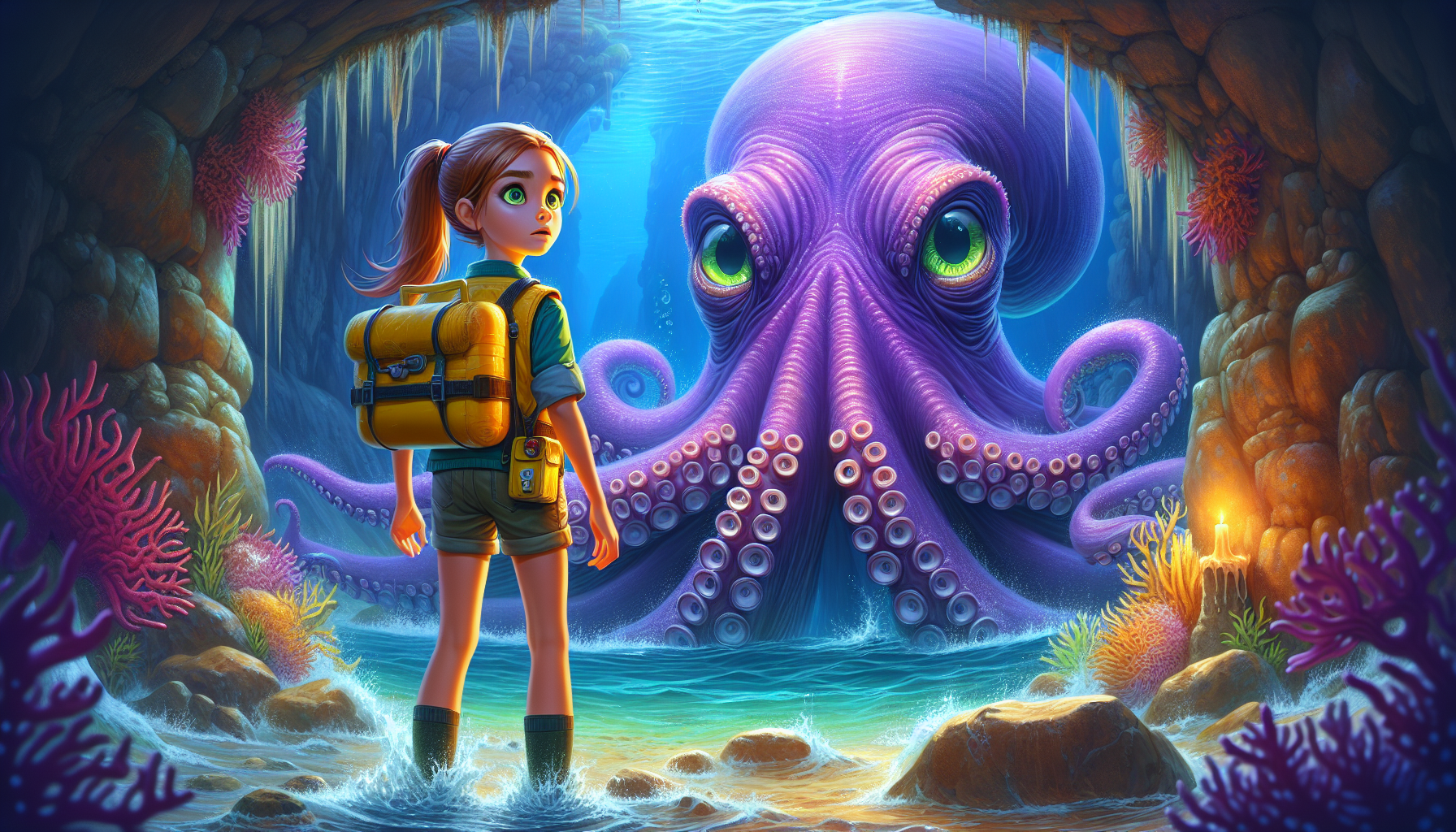 Young girl in a determined stance before a colossal octopus guardian at an underwater cavern