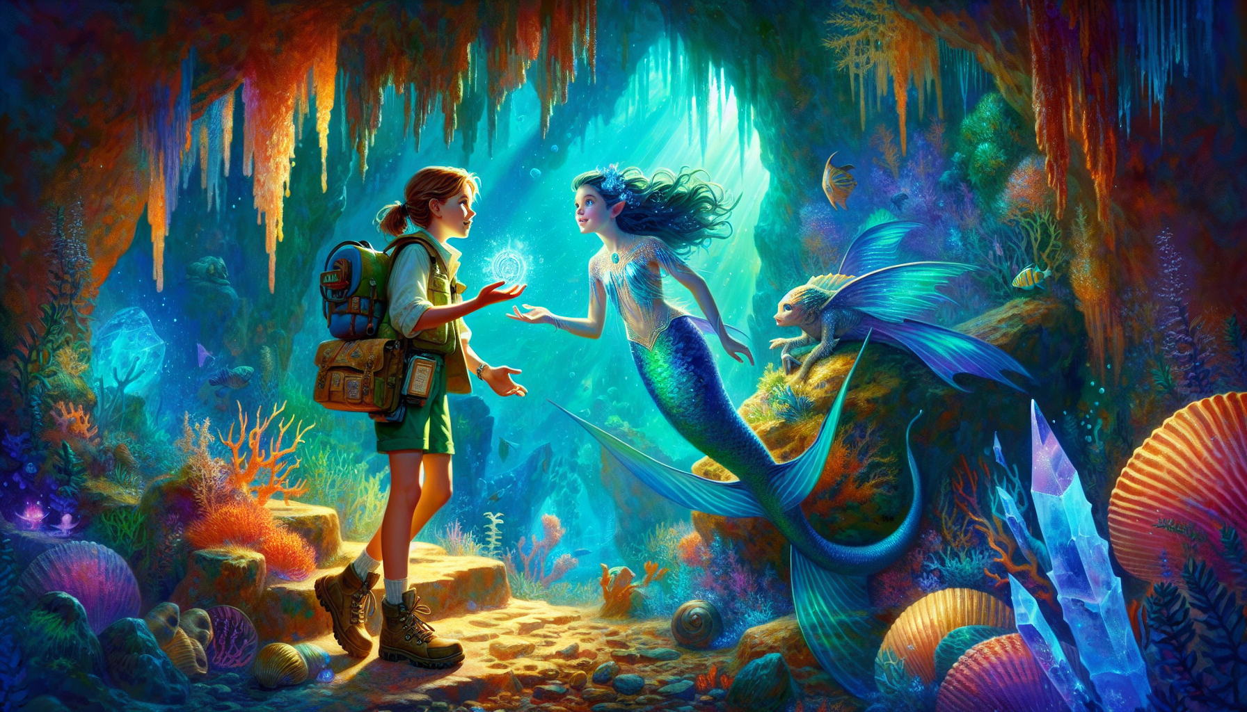 Young girl listening intently to a wise mermaid in a luminous underwater chamber