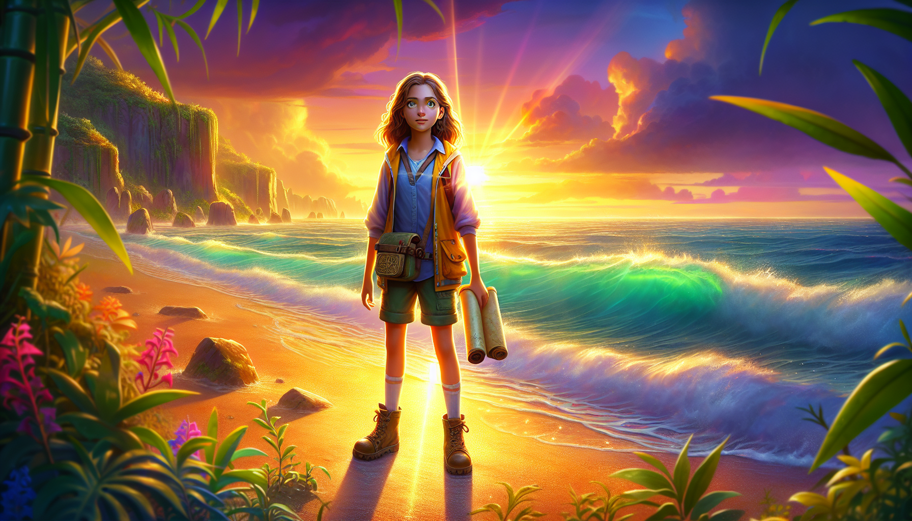 Young girl standing proud on the shore at sunset, reflecting on her finished quest and future responsibilities