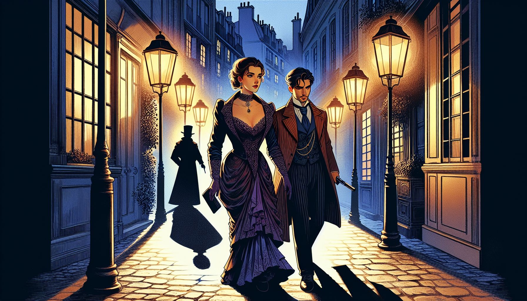 Evelyne Marchand and Marcus Leon being followed in a dimly lit Paris alleyway.