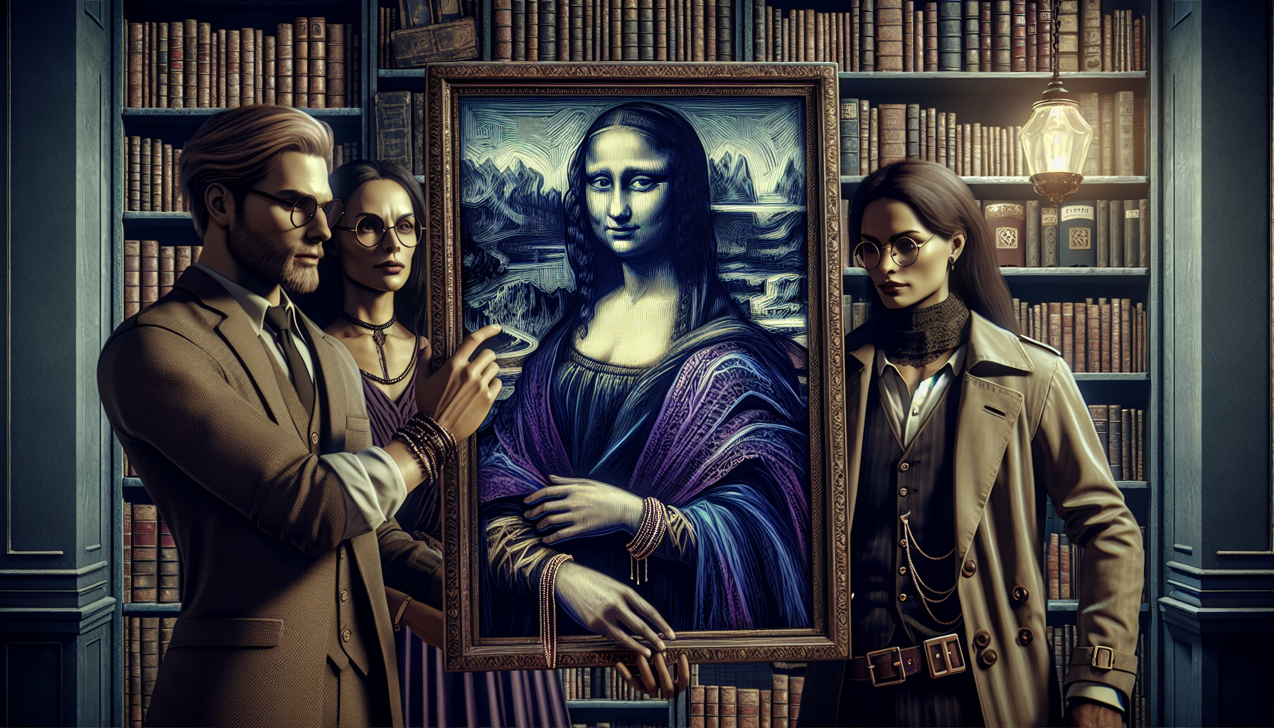 Sophie Dubois presenting a digital replica of the dark Mona Lisa to Evelyne and Marcus in a bookshop.