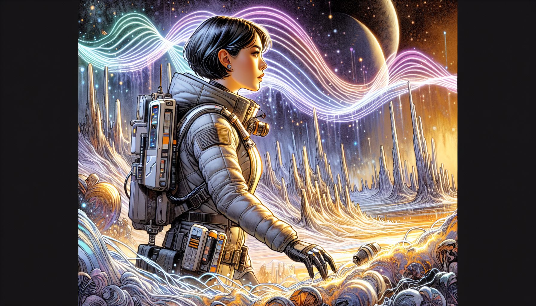 Crew experiences the glowing ground and patterned rock spires, as Dr. Suh attends to her reacting instruments.