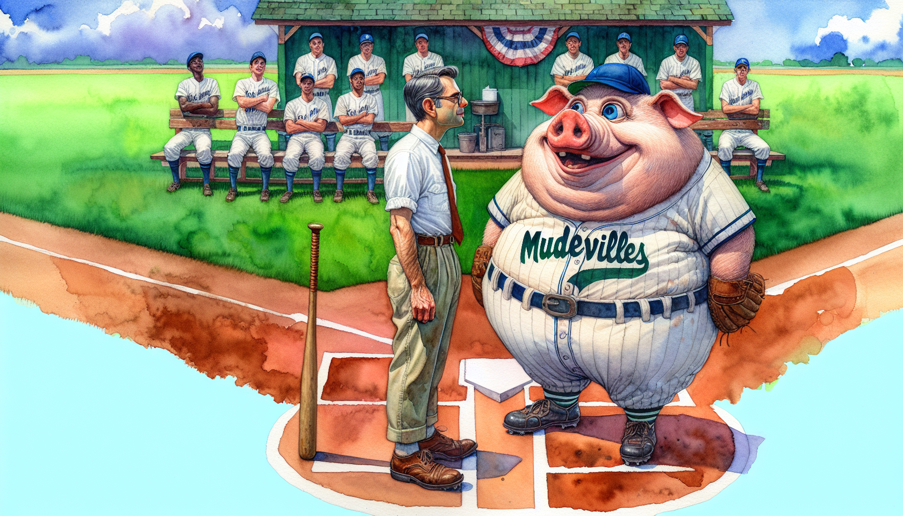 Mr. Snout inspects Big Boy's custom uniform and bat while the team watches.