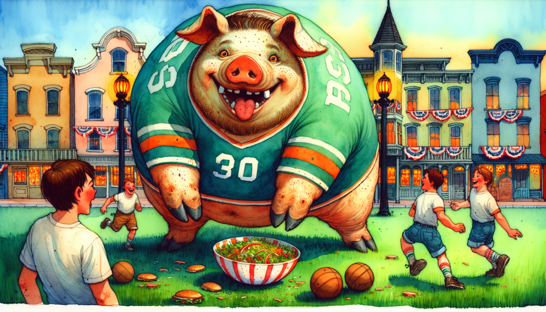 Big Boy enjoys a salad at a celebratory barbecue, while Billy and the team play catch.